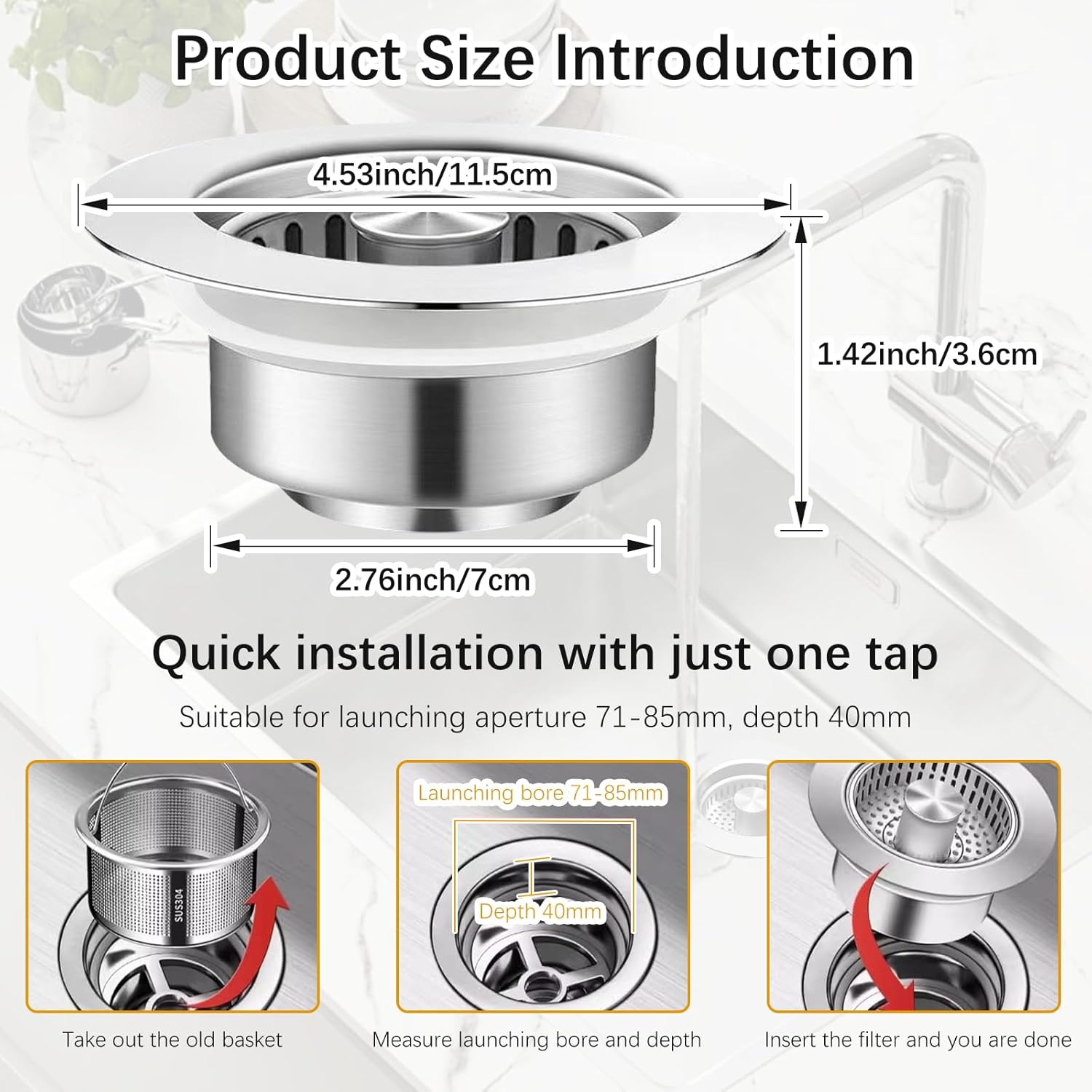 3 in 1 Kitchen Sink Drain Strainer and Stopper Combo, 2 Pack 304 Stainless Steel Pop-up Sink Stopper, Anti-Clog Kitchen Sink Bounce Core Strainer Basket Filter for US Standard 3-1/2'' in Drain