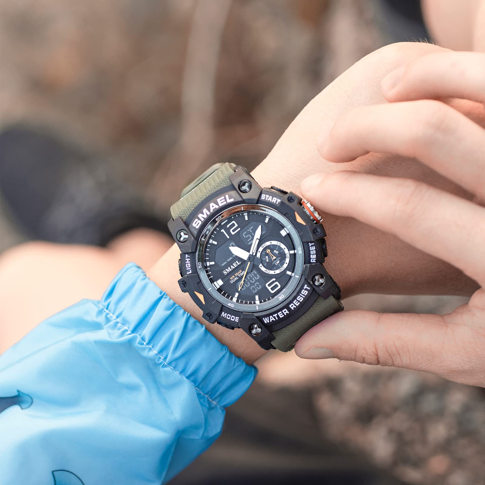 SMAEL 8007 - Reloj deportivo digital para hombre, reloj de pulsera con movimiento dual de cuarzo (verde militar), Verde militar.