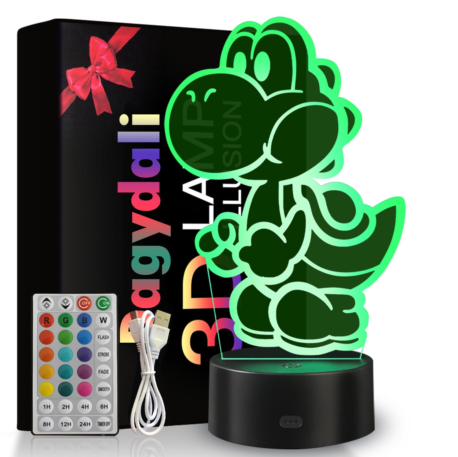 Dagydali Super Yoshi Night Light, 3D LED 16 Color Anime Yoshi Lamp | Dimmable, USB/Battery Powered, Remote Control and Smart Touch, Boys Room Decor