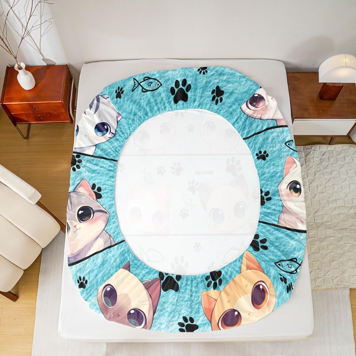 Cute Kitten Kitty Cat Full Size Fitted Sheet No Top Sheet,Kawaii Animals Cartoon Blue Style 3 Pieces Kids Teenager Room Decor Cartoon Cat Pocket 2 Pillowcases