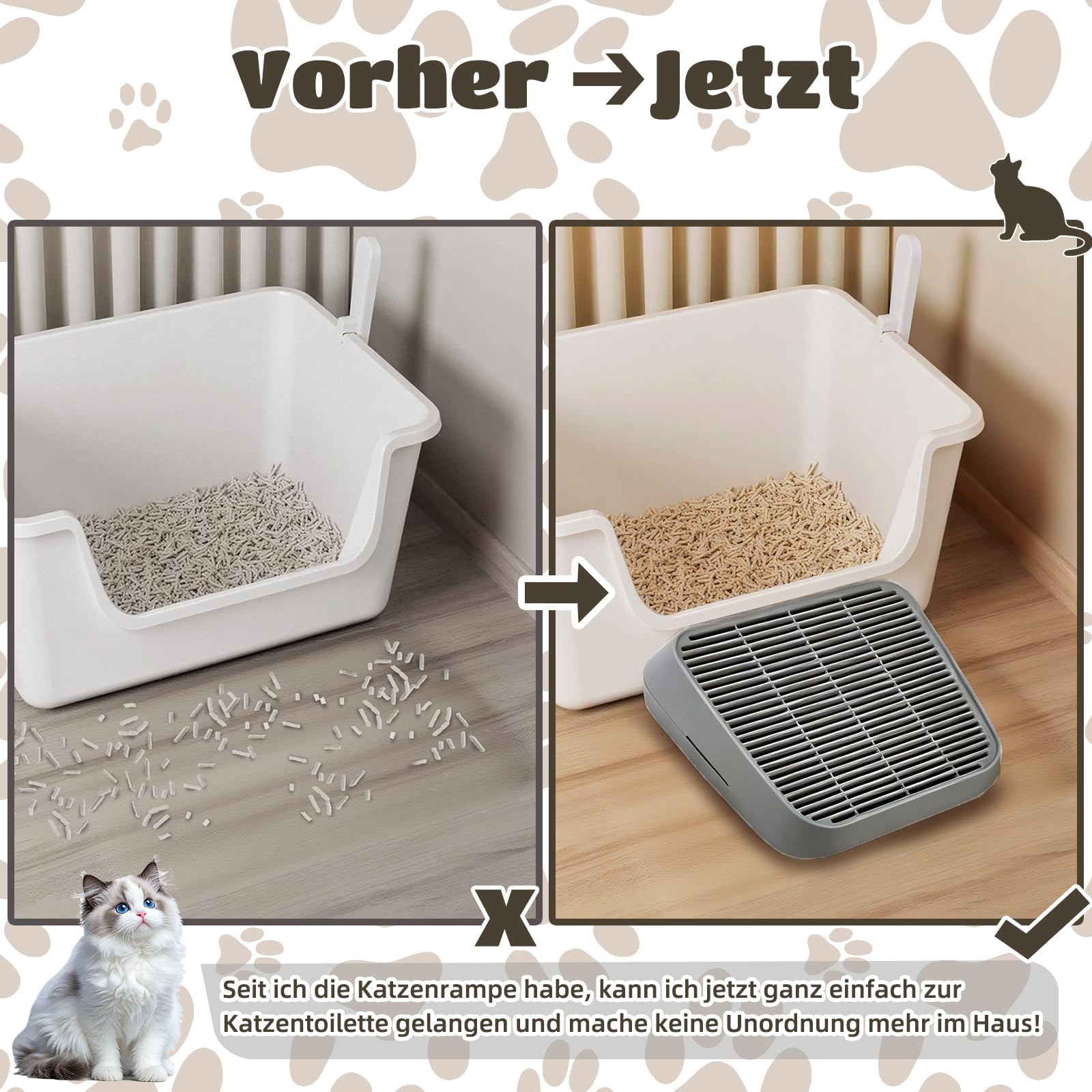Katzenrampe für Katzentoilette, Katzen-Trittleiter mit Filterfunktion, doppellagige, waschbare und leicht zu reinigende Katzentoilettenmatte, geeignet für kleine und ältere Katzen (grau)