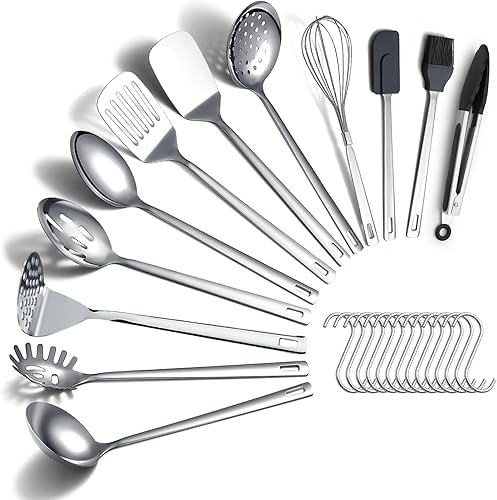 Juego de utensilios de cocina de 26 piezas, juego de herramientas de cocina resistentes de acero inoxidable con ganchos, espátula de metal y
