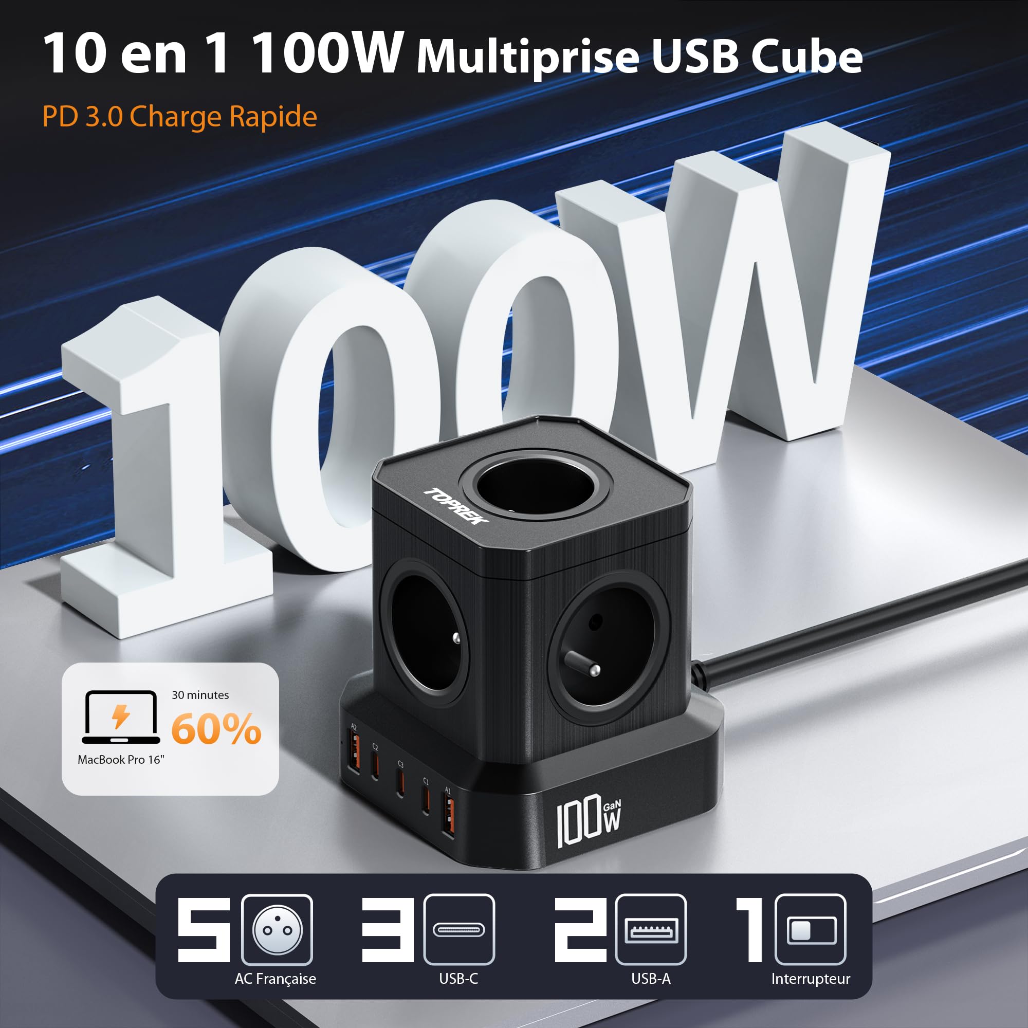 TOPREK 100W PD3.0 Cube Multiprise avec 5 Prises AC Française et 5 USB | 2M Câble, 10 en 1 Cube Rallonge Multiprise avec Interrupteur, 100W 5 Ports USB Charge Rapide GaN Tech Électrique(4000W/16A)