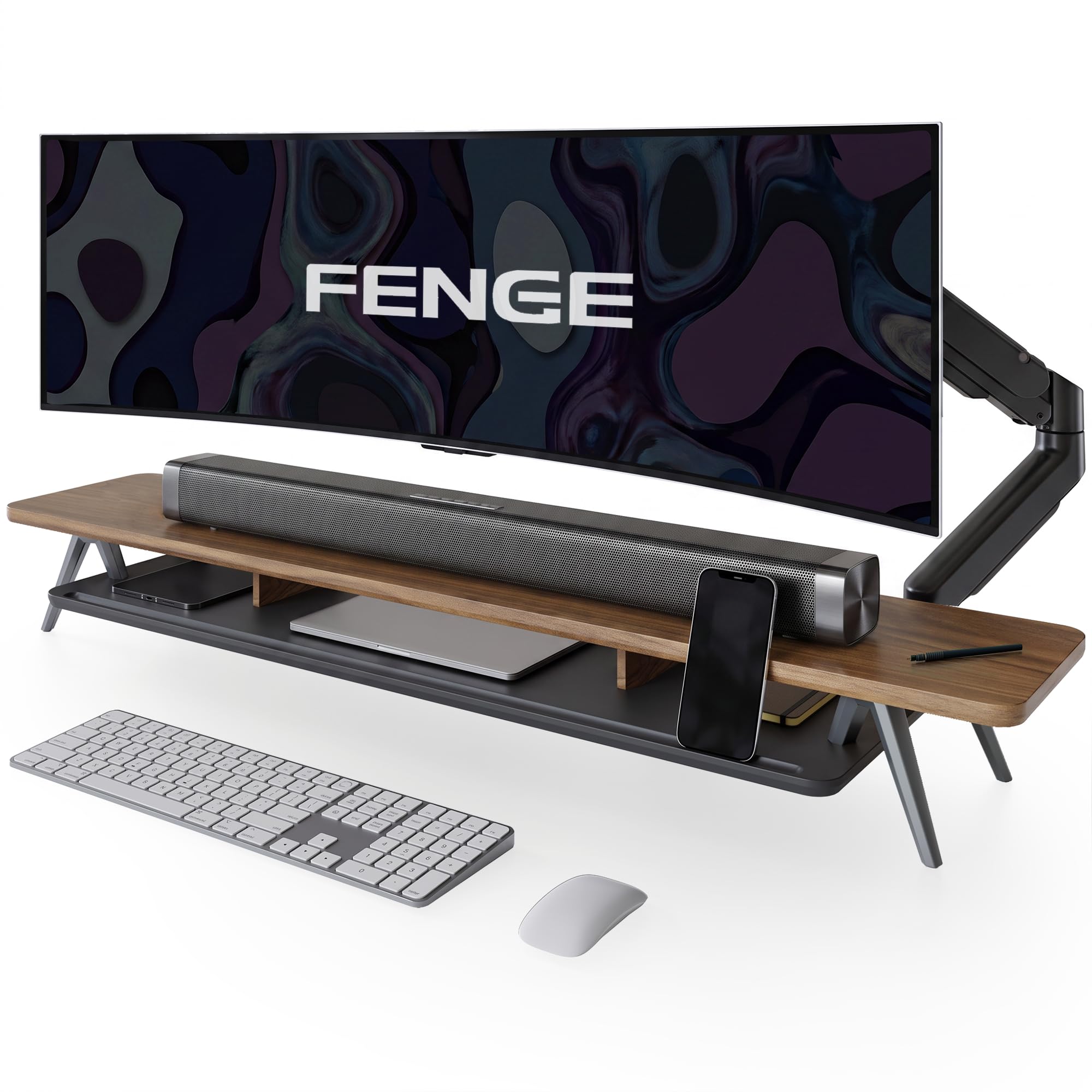 Fenge Dual Monitor Stand Riser, Wooden Desk Shelf with 2-Tier Storage