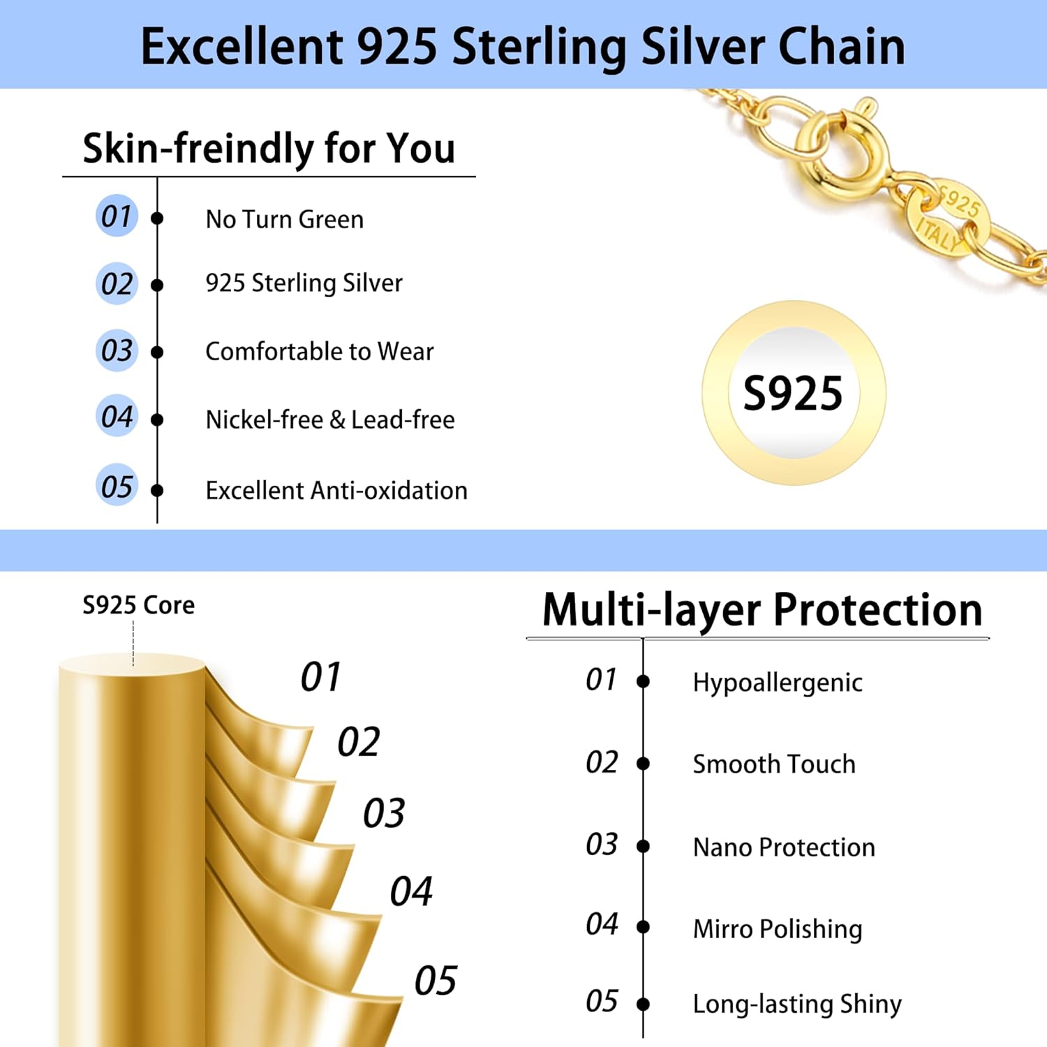 Jewlpire 18k Gold Plated 925 Sterling Silver Chain Necklace for Women, 1.3mm Cable Chain Necklace Super Sturdy & Durable Women's Chains Necklaces 14/16/17/18/20/22/24 Inches - Image 4