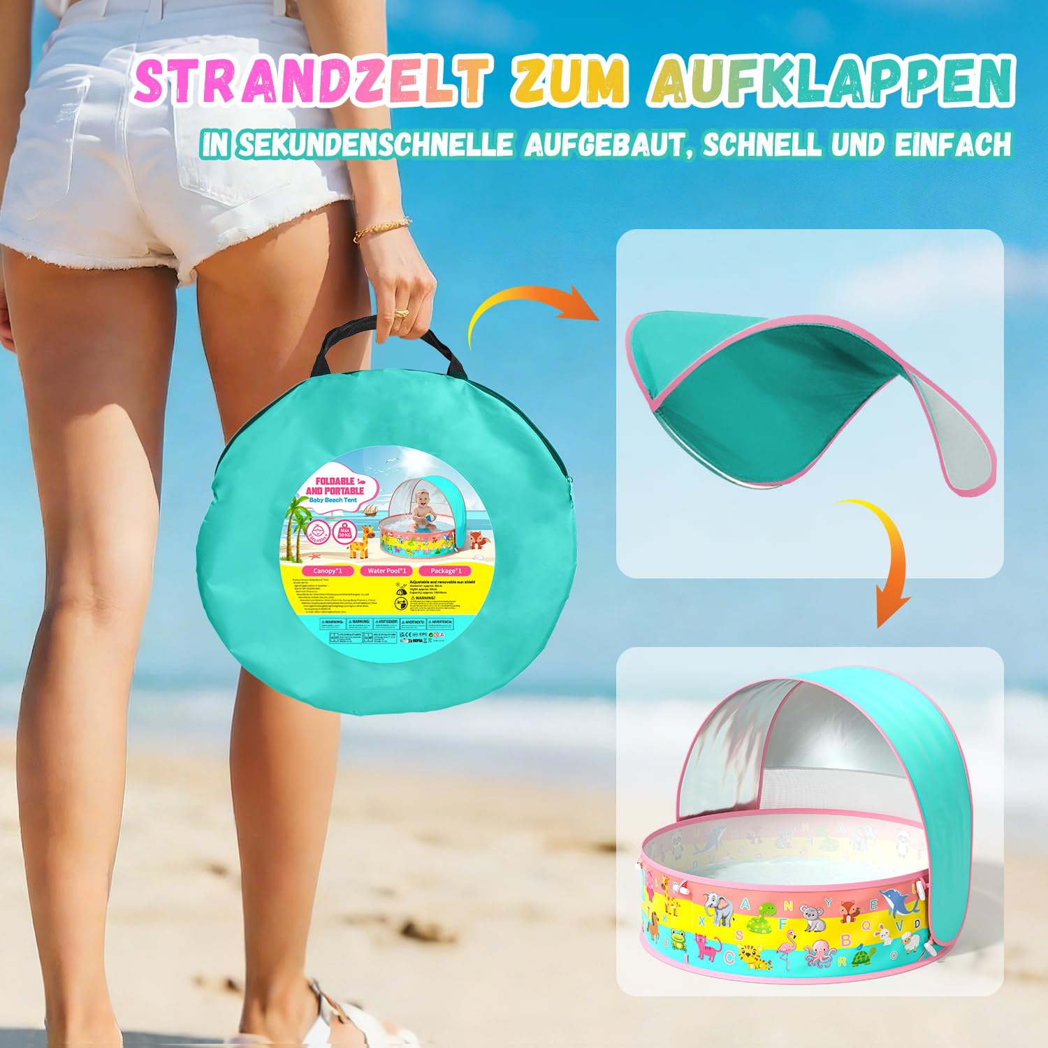 Baby Planschbecken mit Dach UV Schutz 50+ Pop-Up Strandmuschel 4 in 1 Portabler Baby Pool mit Sonnenschutz