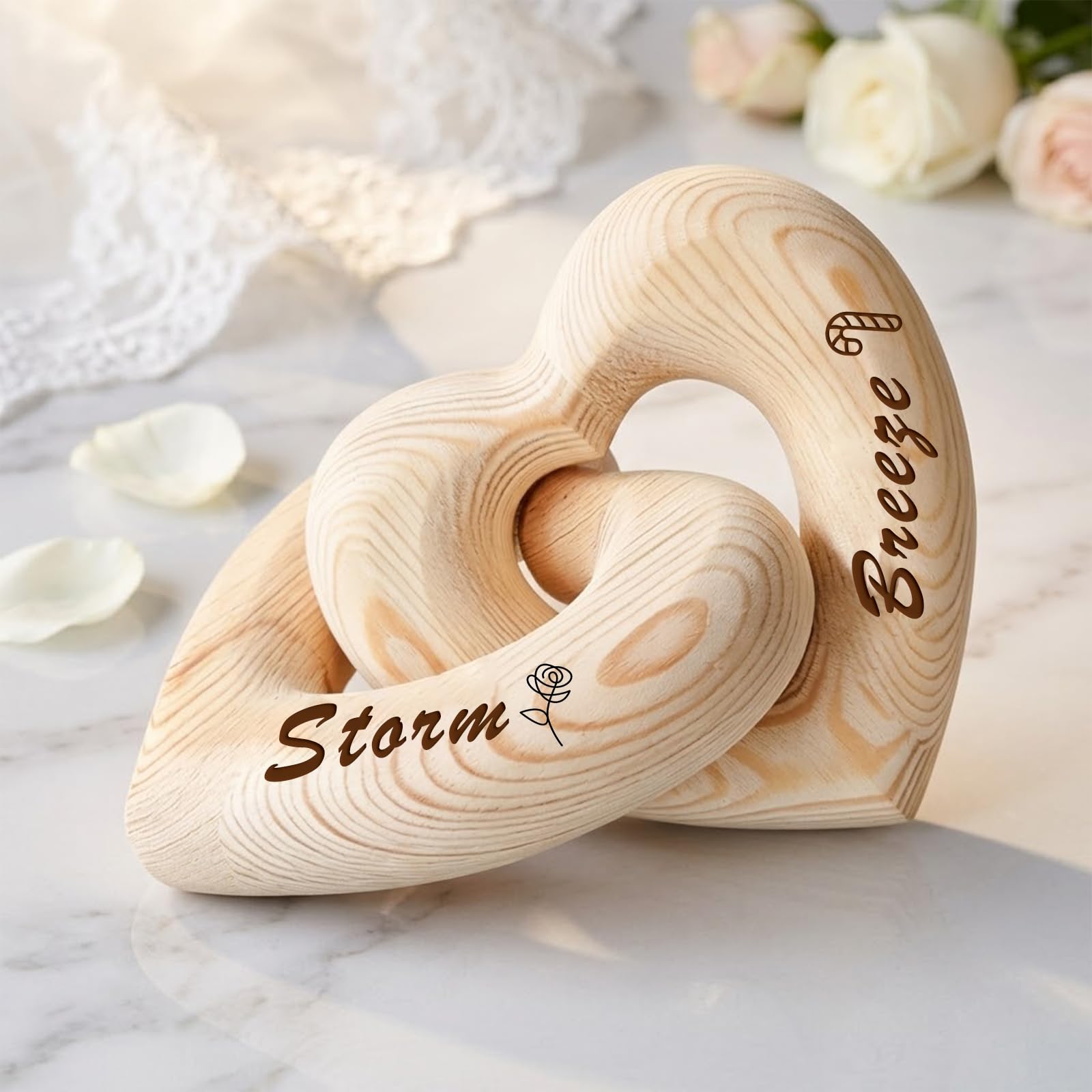 Personalised Interlocking Wooden Hearts with Names Custom Infinity Sculpture Couple Gift 5th Wood Anniversary Valentine’s Day Wedding Anniversary Birthday Wife Husband (Wooden heart1-2)