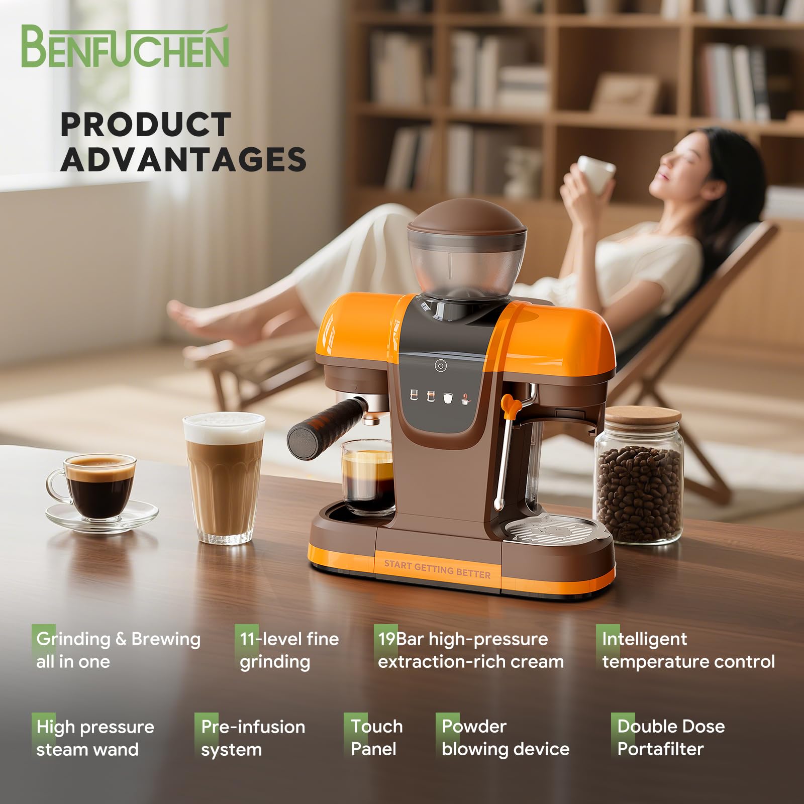 Cafetera expreso con molinillo, 20 bares, 20 grados de molienda, pantalla táctil, espumador de leche, recipiente de granos de 220 g, depósito de agua de 800 ml, filtro de café y café expreso