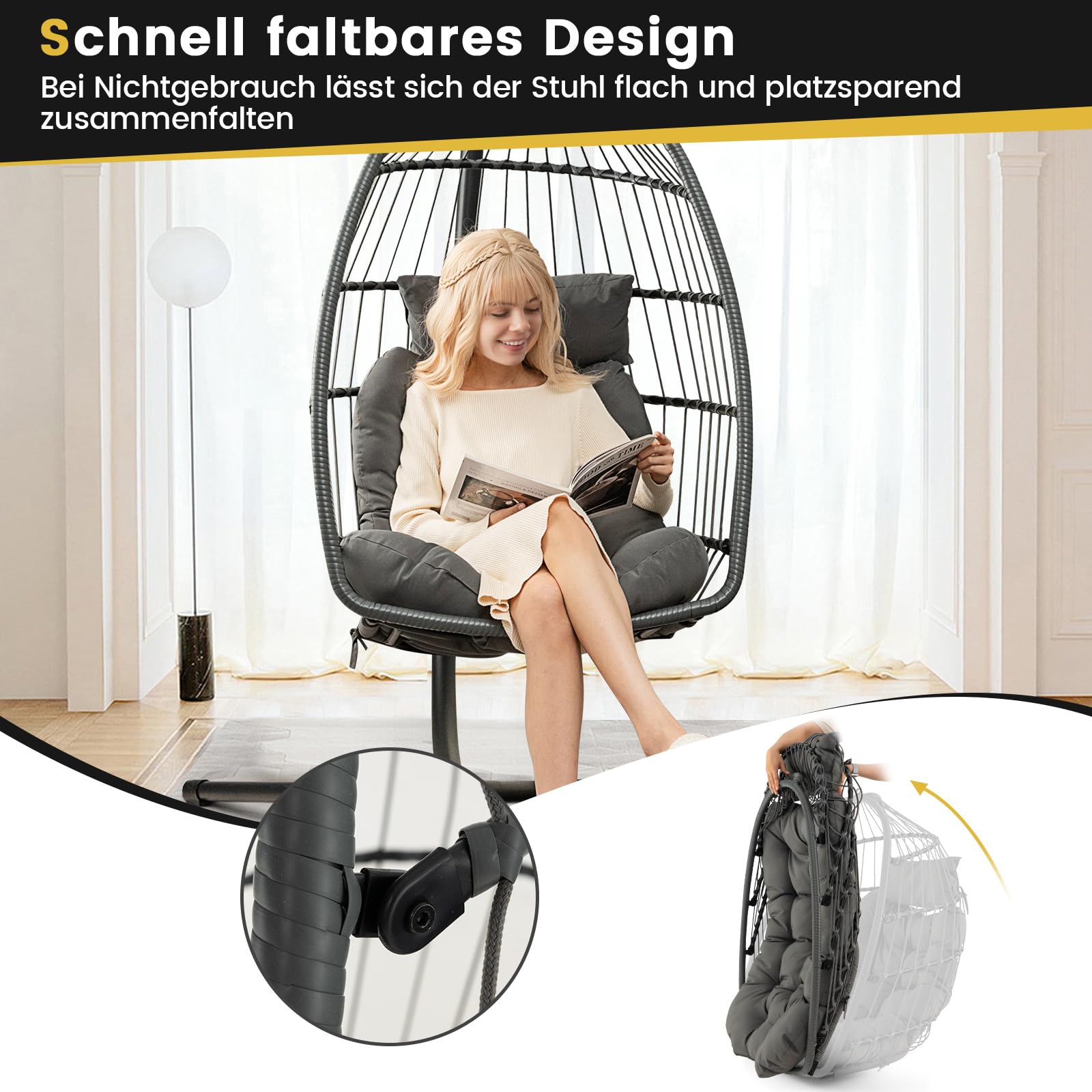 COSTWAY Hängesessel, Faltbarer Hängekorb Sessel aus PE-Rattan mit weichem Kissen, Hängeschaukel, Hängesitz mit Hängezubehör, Hängestuhl für Indoor und Outdoor, Grau