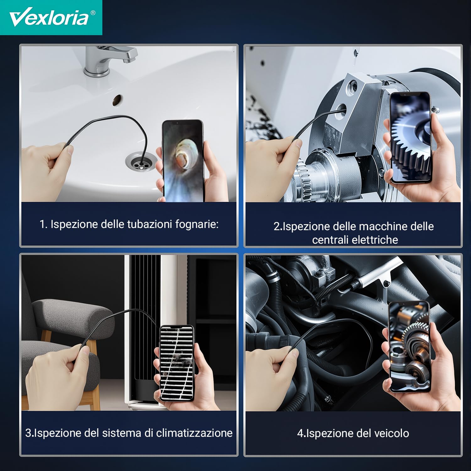 Vexloria Endoscopio per Smartphone, Doppia Lente 1920P HD Telecamera Endoscopica, IP68 Impermeabile Endoscopio con 8 LED Cavo Semirigido, non c'è bisogno di Wi-Fi Compatibile con iOS e Android