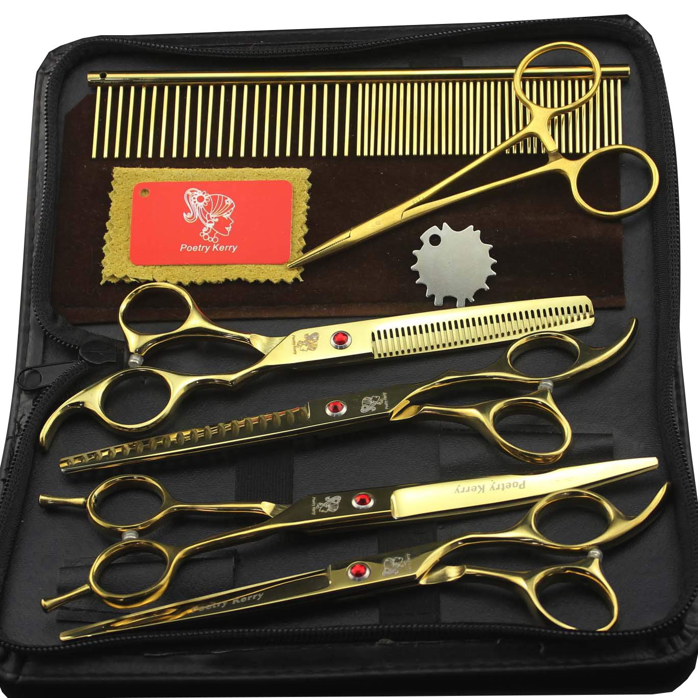 4pcs pet scissors set salon hairdressing scissors hair send comb 7 inch Pet Trimmer Kit Pet Grooming Scissors Set for Dog Cat (gold)