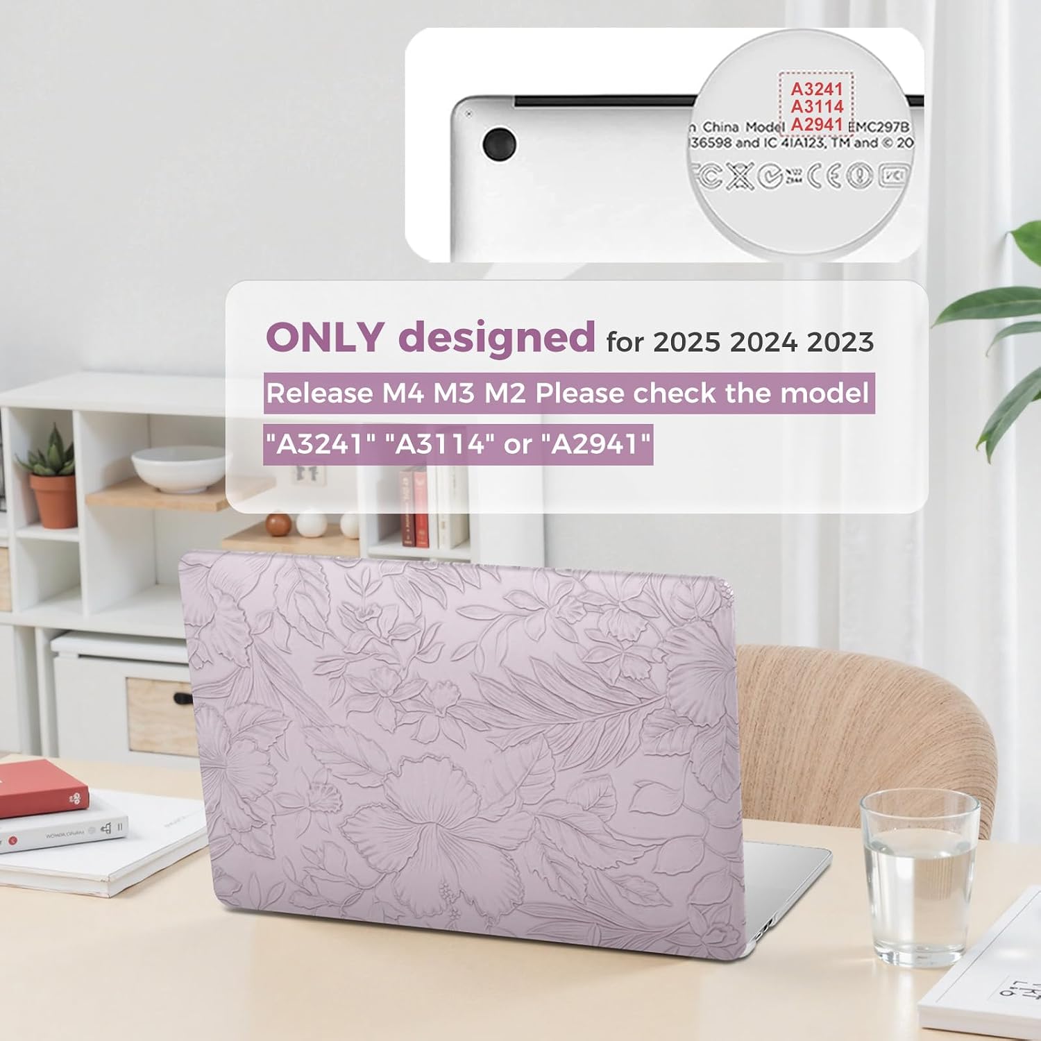 iCasso for MacBook Air 15 inch Case 2026 2025-2023 Release M5 A3448 M4 A3241 M3 A3114 M2 A2941, Texture Leather Plastic Case for MacBook Air 15.3"+ Keyboard Cover + Screen Film, Purple Floral image 2