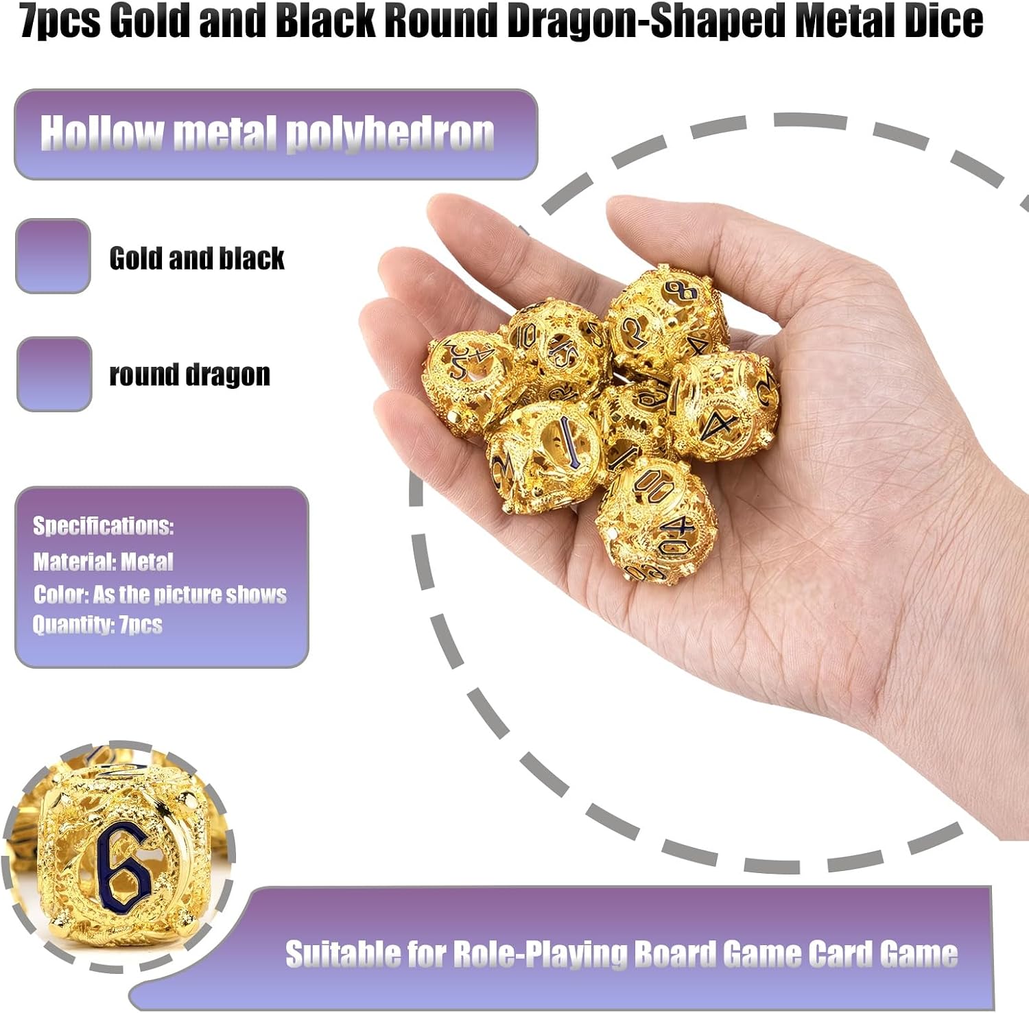 7pcs Gold and Black Round Dragon-Shaped Metal Dice, Hollow Polyhedron, Compatible with Role-Playing RPG Board Game Card Game