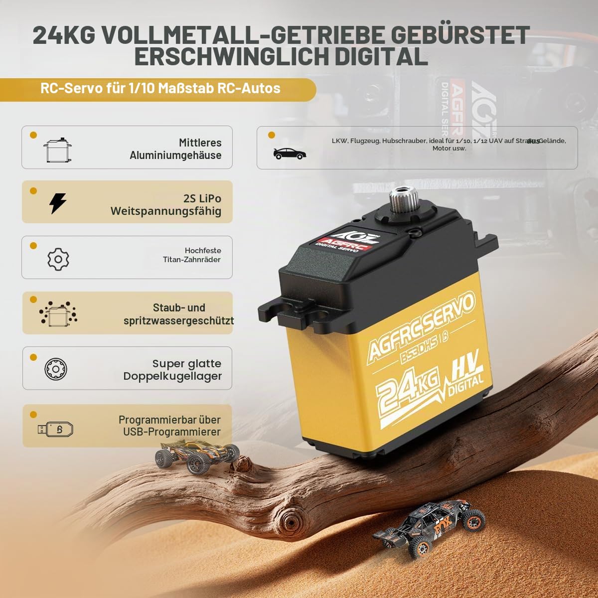 AGFRC 24 kg digitales Servo mit hohem Drehmoment aus Metall, programmierbar, für 1/10 RC Modell, 180 Grad (B53DHS)