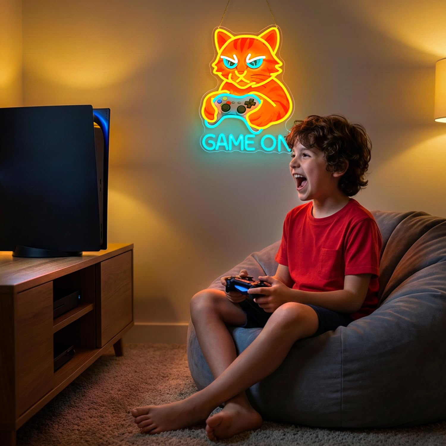 Insegne luminose del gatto, GAME ON Insegna al neon, Gatto con controller Insegne al neon a LED per sala giochi, Lampada da parete al neon USB per giocatori, regalo di gioco per giocatori