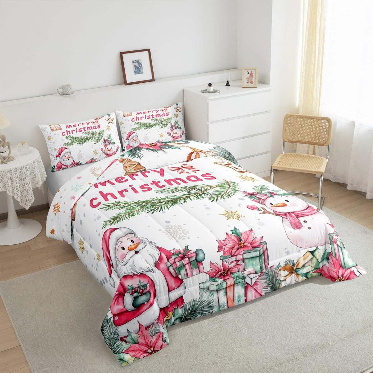 Manfei Santa Claus Comforter Set for Kids Adults,Xmas Theme Cute Snowman Watercolor Flowers Bedding Comforter Sets Full,New Year Gift Rustic Leaves Quilt Comforter with 2 Pillowcases
