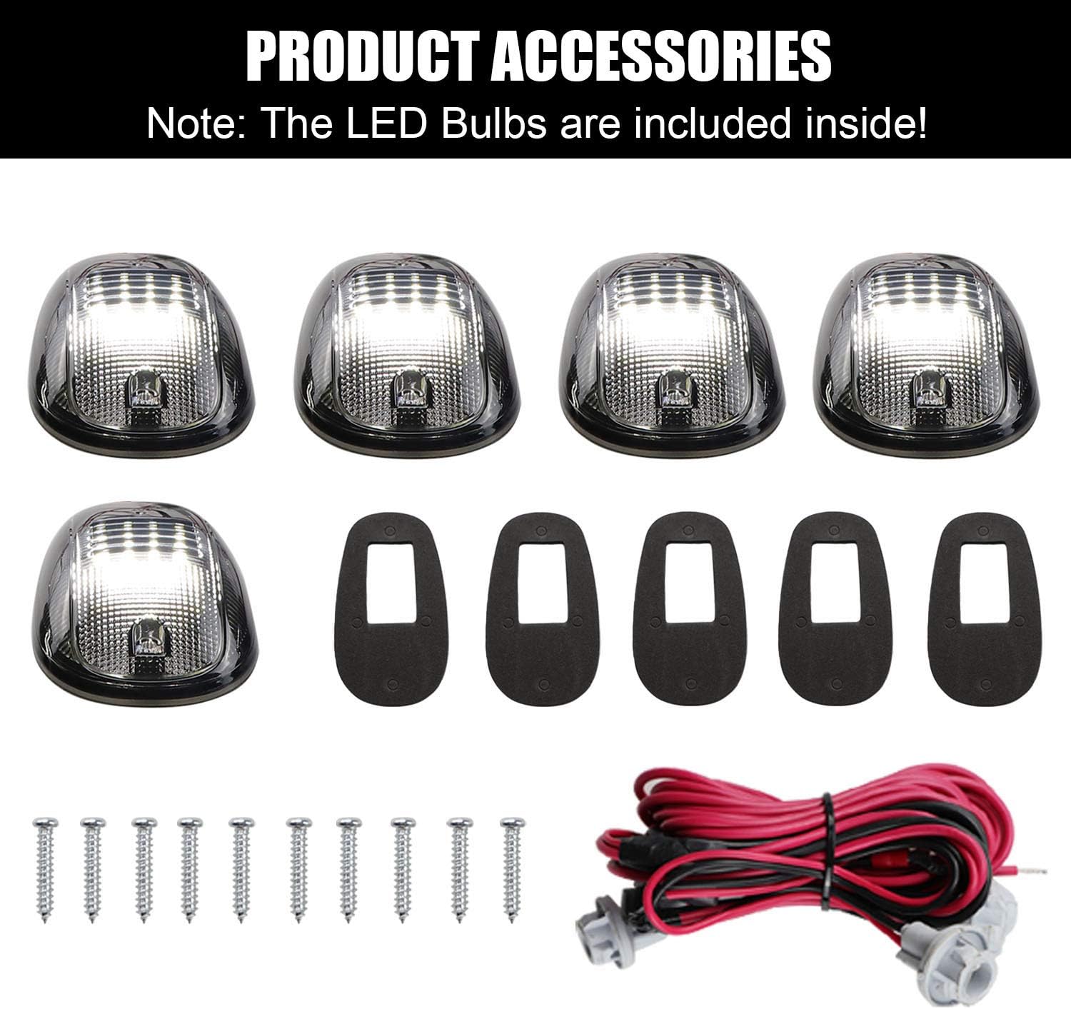 Tresound LED Cab Roof Marker Lights for 03-16 Dodge Ram 1500 2500 3500 with 5 in 1 Wire Harness (Smoked Lens with 16 White LEDs)