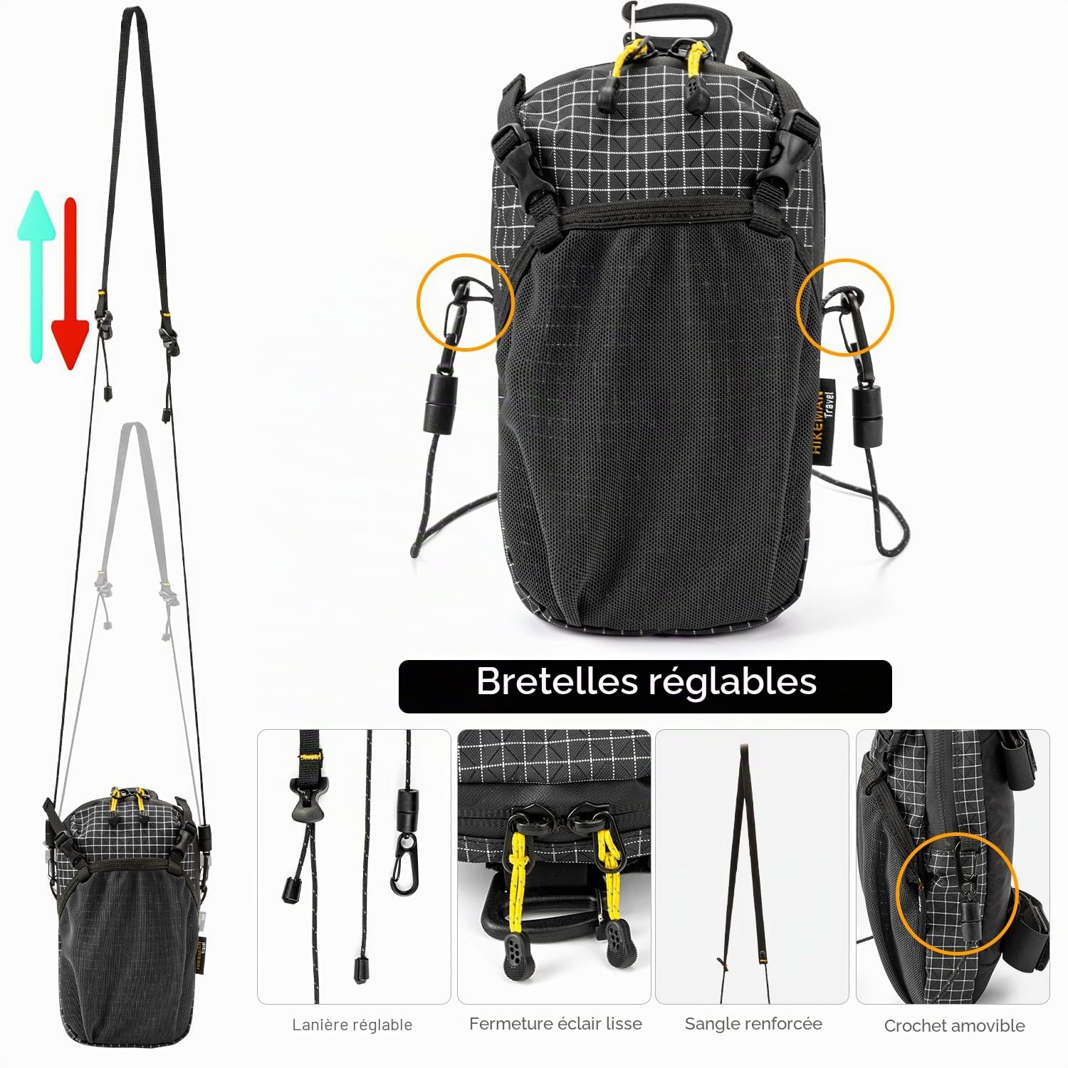 HIKEMAN Sac à dos imperméable avec bandoulière amovible, pour le sport, la randonnée, le camping (noir)
