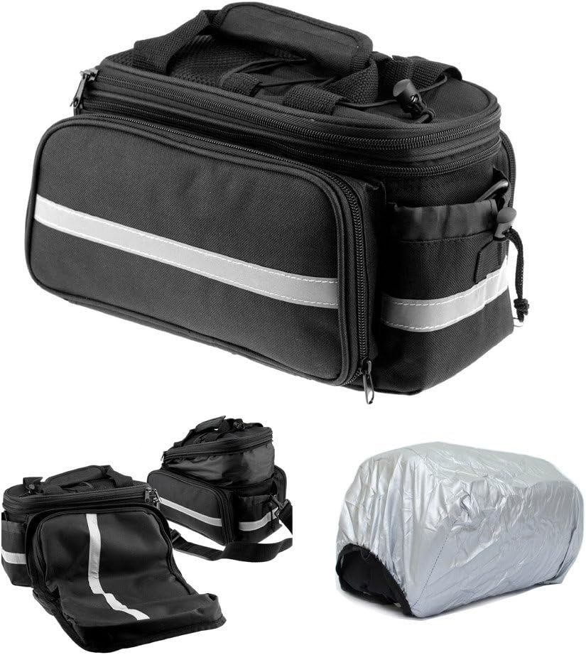 KOMODO Bike Bicycle Expandable Rear Rack Pannier Bag with Side Storage, Bottle Holder, Carry Strap and Rain Cover/Seat Saddle Water Resistant - Black