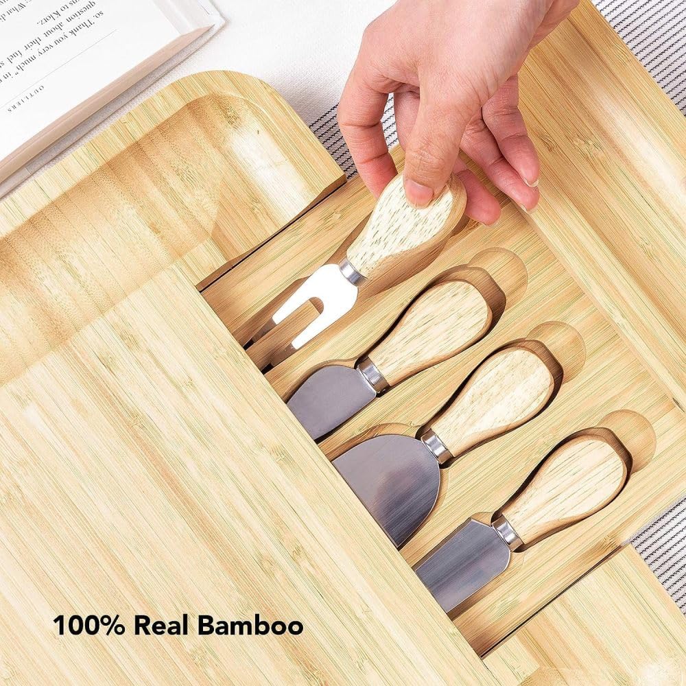 AJARVAR Organic Bamboo Cheese Board Gift Set - Wooden Charcuterie Platter Serving Tray for Meat, Fruit & Crackers - Includes 4 Stainless Steel Knives, Slate Labels-Po1
