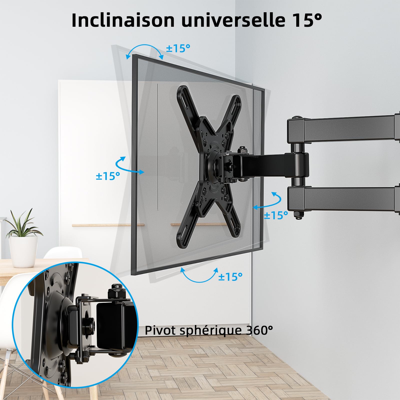 Support Mural TV d'angle Bras Long 17-42 Pouces, VESA 200x200, Charge 15 kg