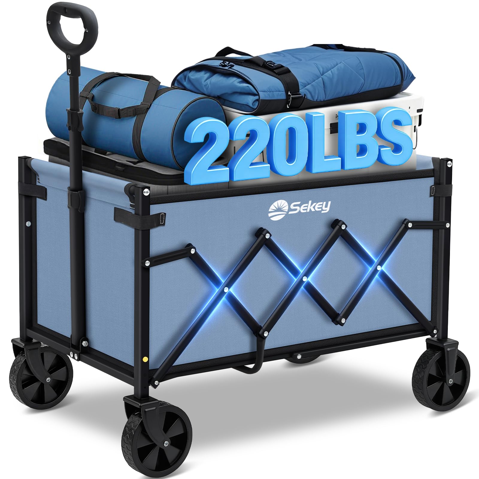 Sekey Heavy Duty Wagon with Big Wheels, Foldable Cart with 220LBS Capacity, Utility Lightweight Wagon, Collapsible Grocery Shopping Cart for Camping Sports & Holiday. Blue-image-10