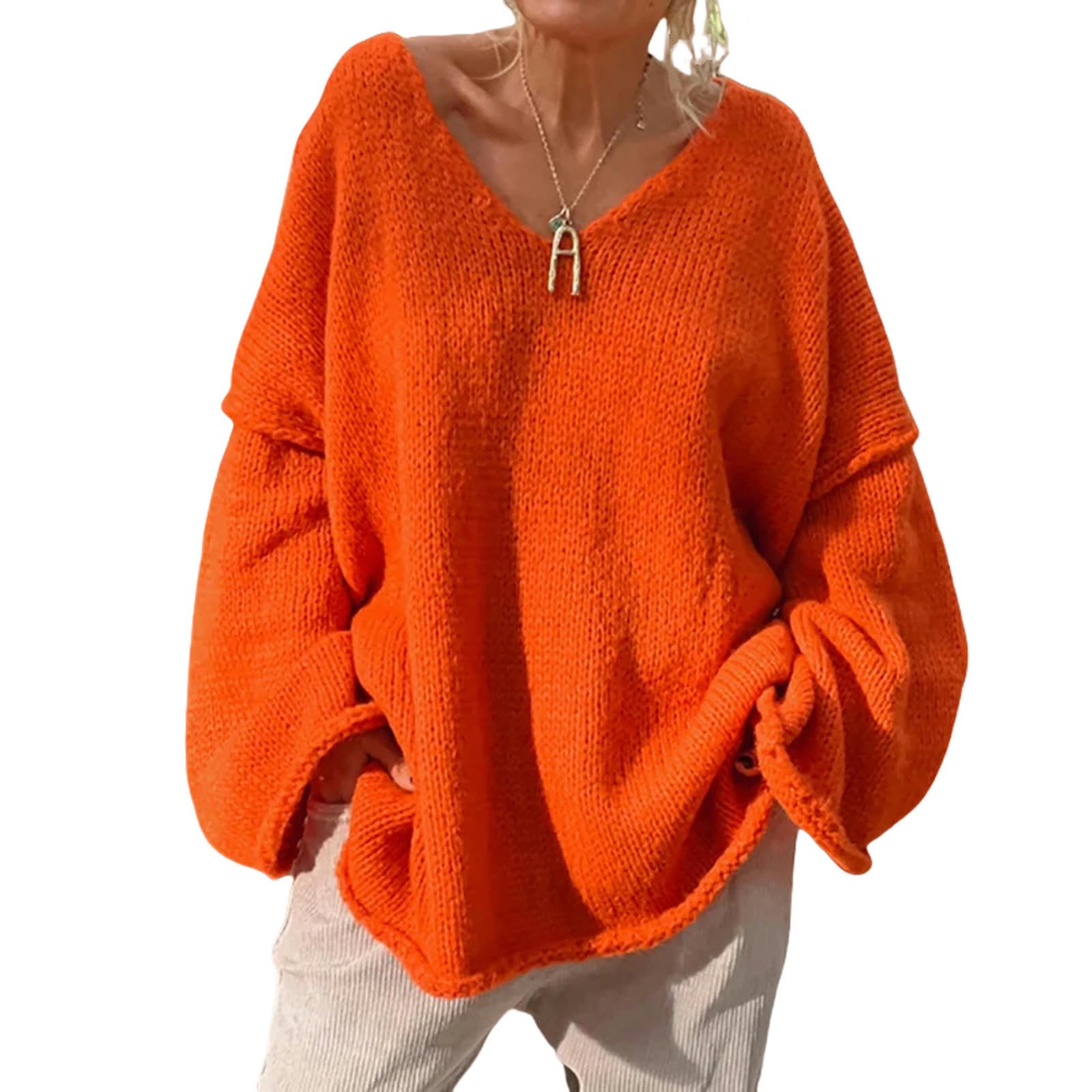 Ropa Mujer Suéteres De Tejido De Invierno De Otoño Mujeres Patchwork V Neck Simple Simple Simple Long Raglan Manga Damas Tops-02 Naranja-Metro