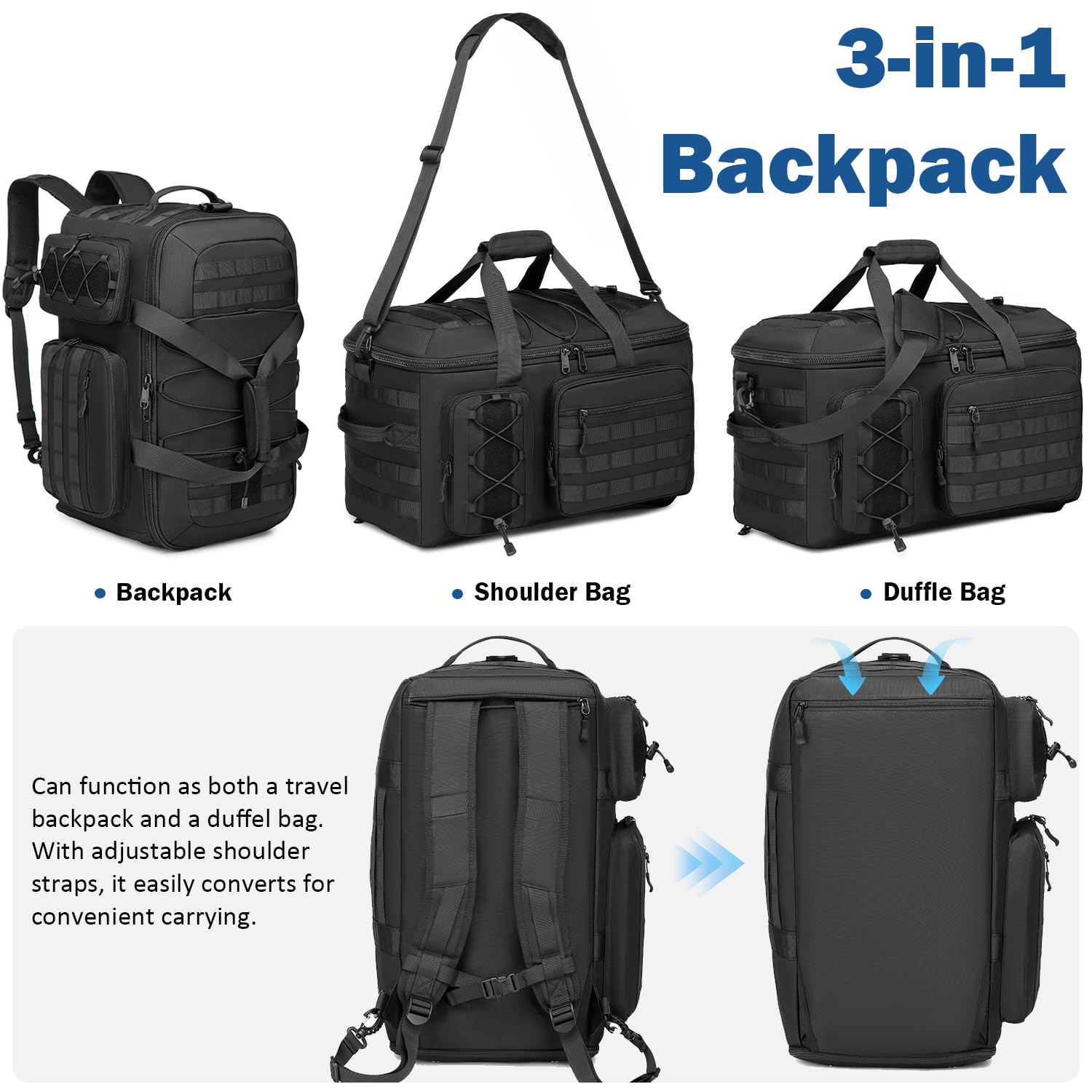 Borsa sportiva 3 in 1, da uomo, con scomparto per scarpe e funzione zaino, borsa tattica da viaggio, bagaglio a mano, zaino con scomparto bagnato, borsa da palestra per allenamento, fitness