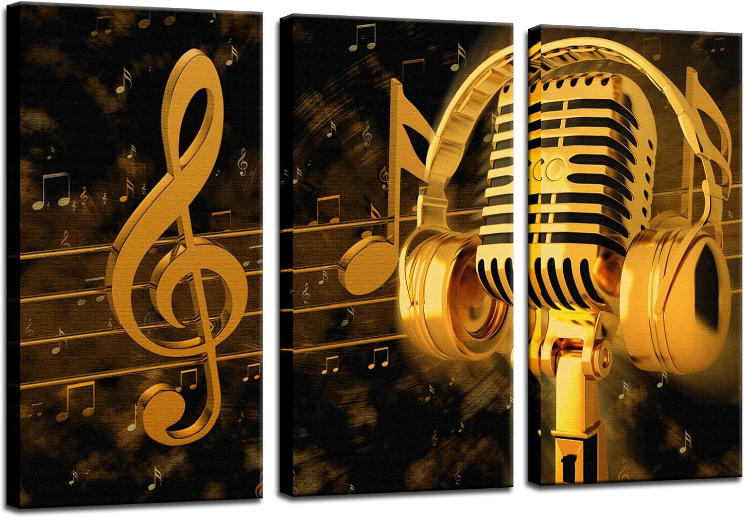 Biuteawal - Music Artistic Paintings Wall Art Gold Metal Microphone and Headset Note Picture Canvas Giclee Print Modern Home Studio Decor Stretched and Framed Ready to Hang