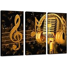 Biuteawal - Music Artistic Paintings Wall Art Gold Metal Microphone and Headset Note Picture Canvas Giclee Print Modern Home Studio Decor Stretched and Framed Ready to Hang
