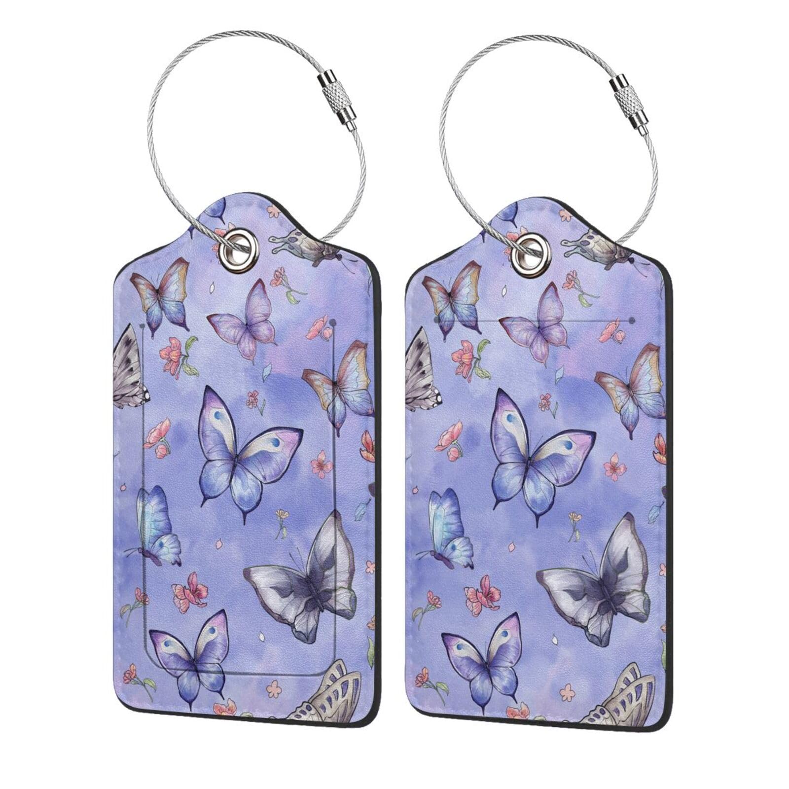 Butterfly Luggage Tags for Suitcases 2 Pack Cute PU Leather Luggage Tag with Stainless Steel Loop Privacy Cover ID Label Travel Bag Luggage