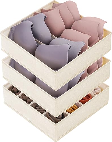 Paquete de 3 organizadores de cajones para separar la ropa interior y los calcetines, con 64 celdas, organizadores de tela plegables para el armario