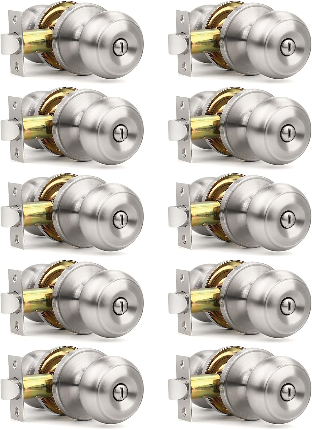 Orger 10 Pack Brushed Nickel Privacy Door Knobs Interior, Classic Round Shape Stain Nickel Bedroom Doorknobs with Lock, Keyless Modern Design Door Lockset for Bathroom and Bedroom