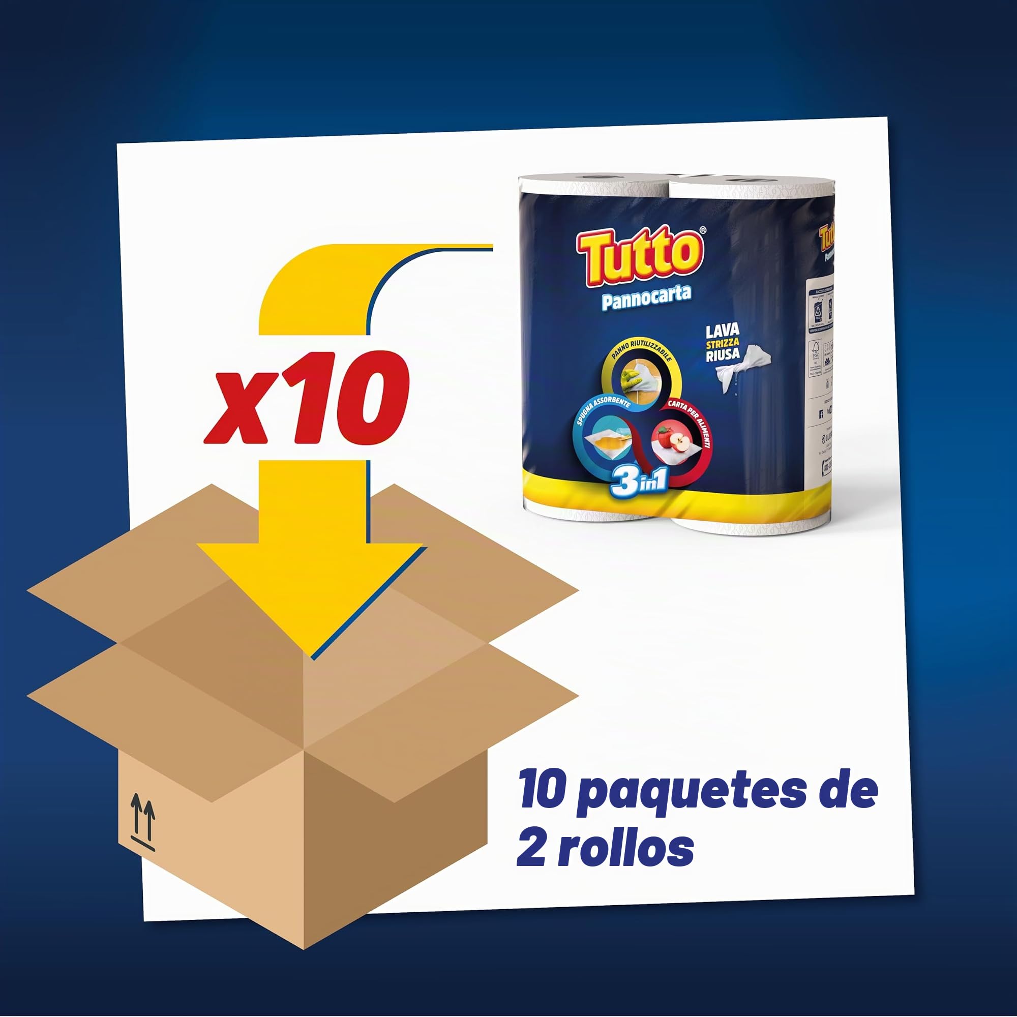 Tutto Pannocarta 3 en 1, 20 rollos de papel multiusos, 1 capa, 48 hojas desprendibles, extra absorbente, lavable y reutilizable más de 20 veces