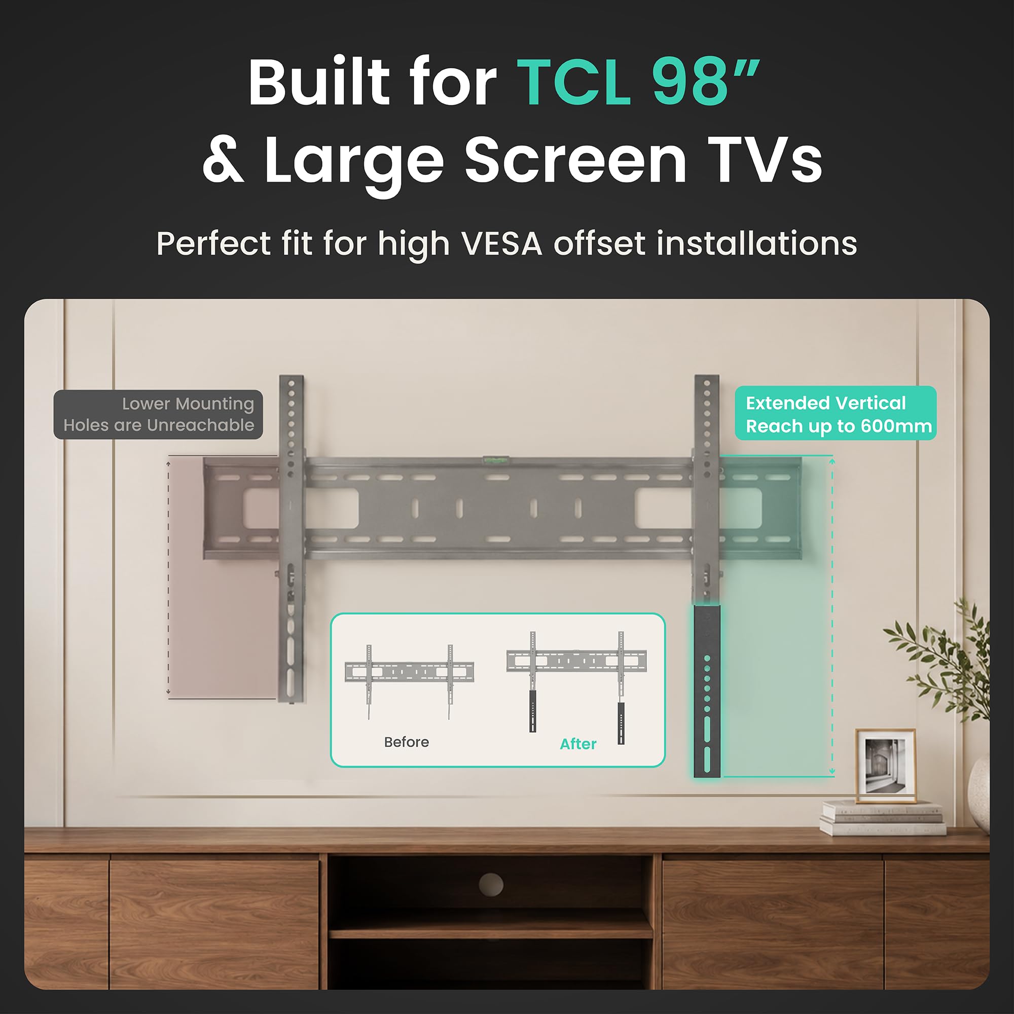 ynVISION.DESIGN Extensor vertical VESA para YN-BIGTV Soporte de pared inclinable avanzado para TV (brazos de extensión, paquete de 1)
