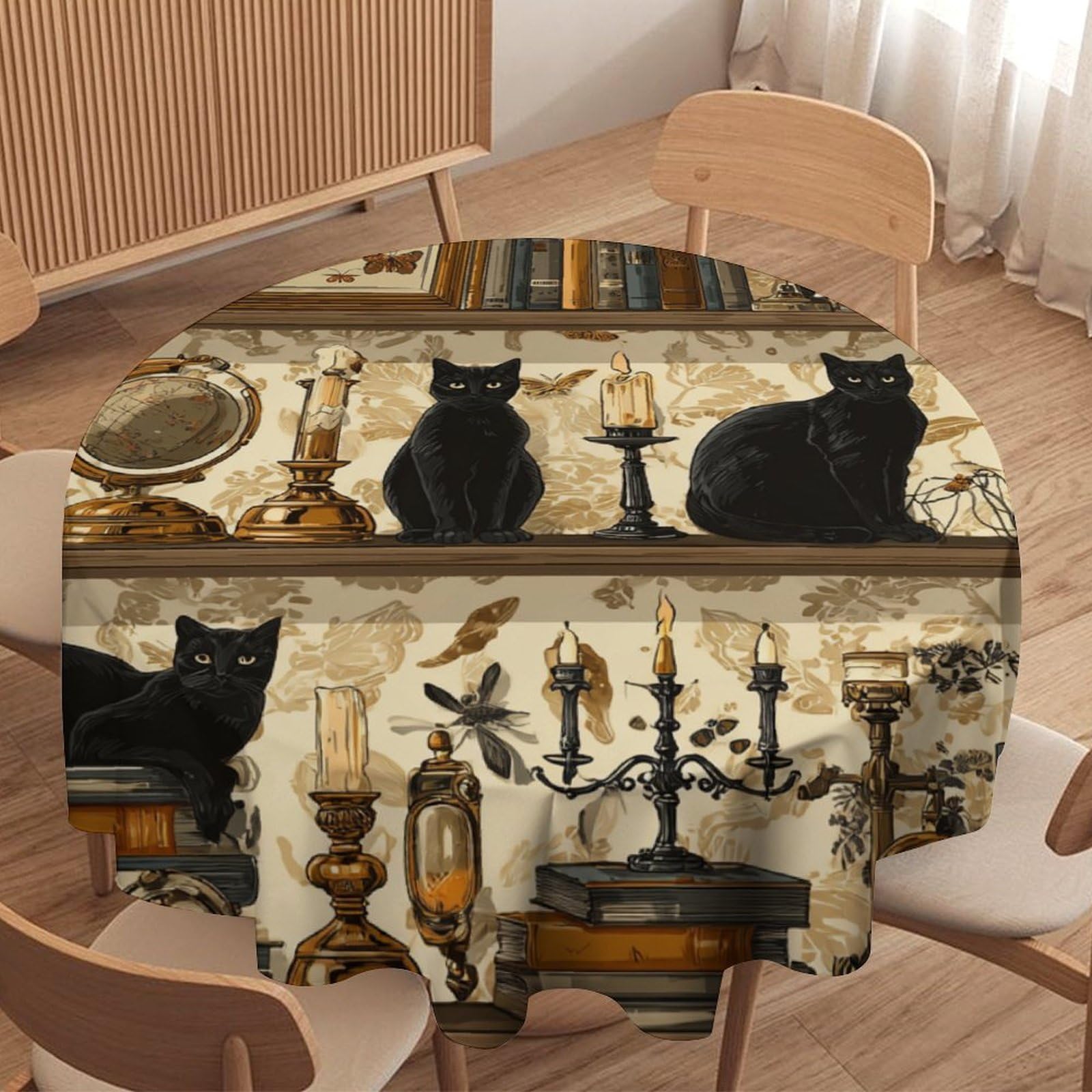 Luyysky Vintage Cartoon Retro Bookshelf Round Tablecloth Modern Art Plant Animal Butterflies Black Cats Skull Skeleton Washable Decor For Table Cover For Kitchen-91.4" Wx91.4 L Cm