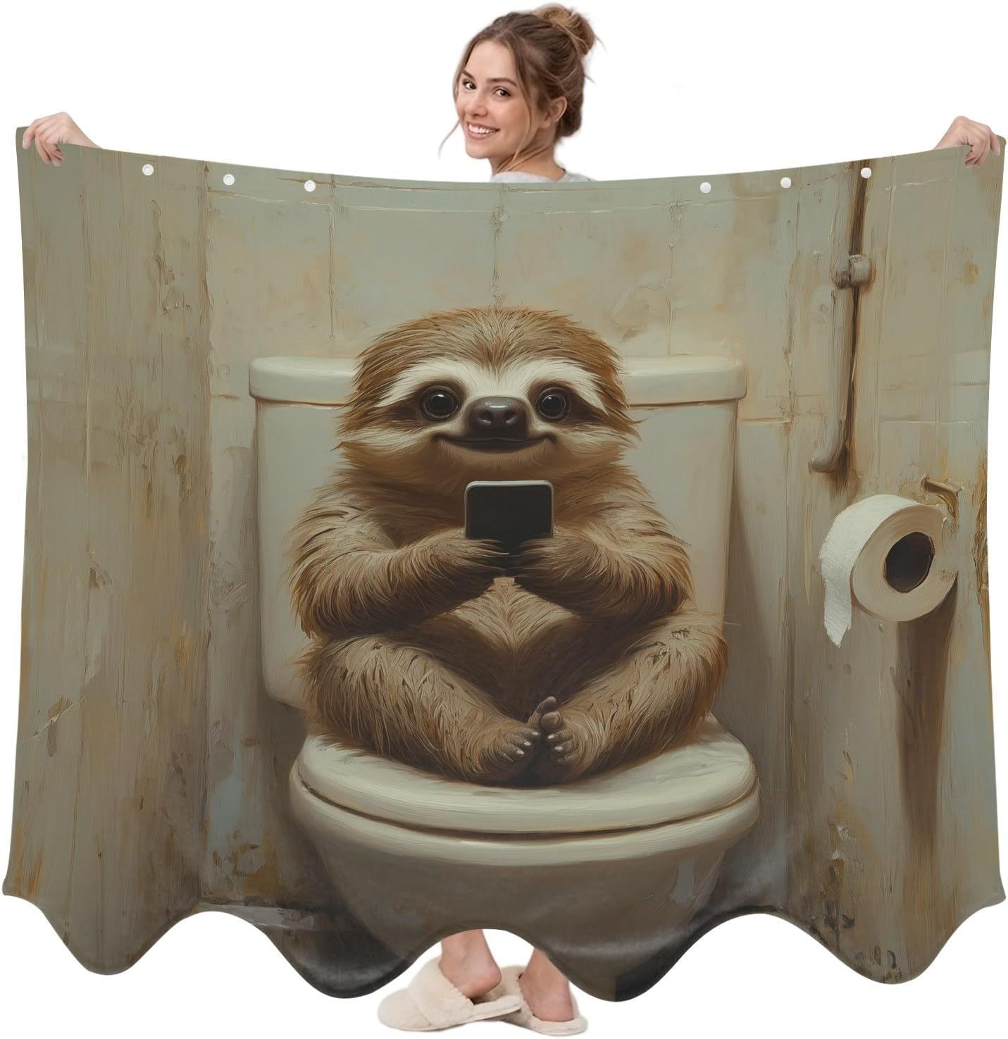 Funny Animal Wearable Blanket Sloth Sitting on Toilet Sloth Playing Phone Shawl Blanket with Pockets, Double-Sided Blankets