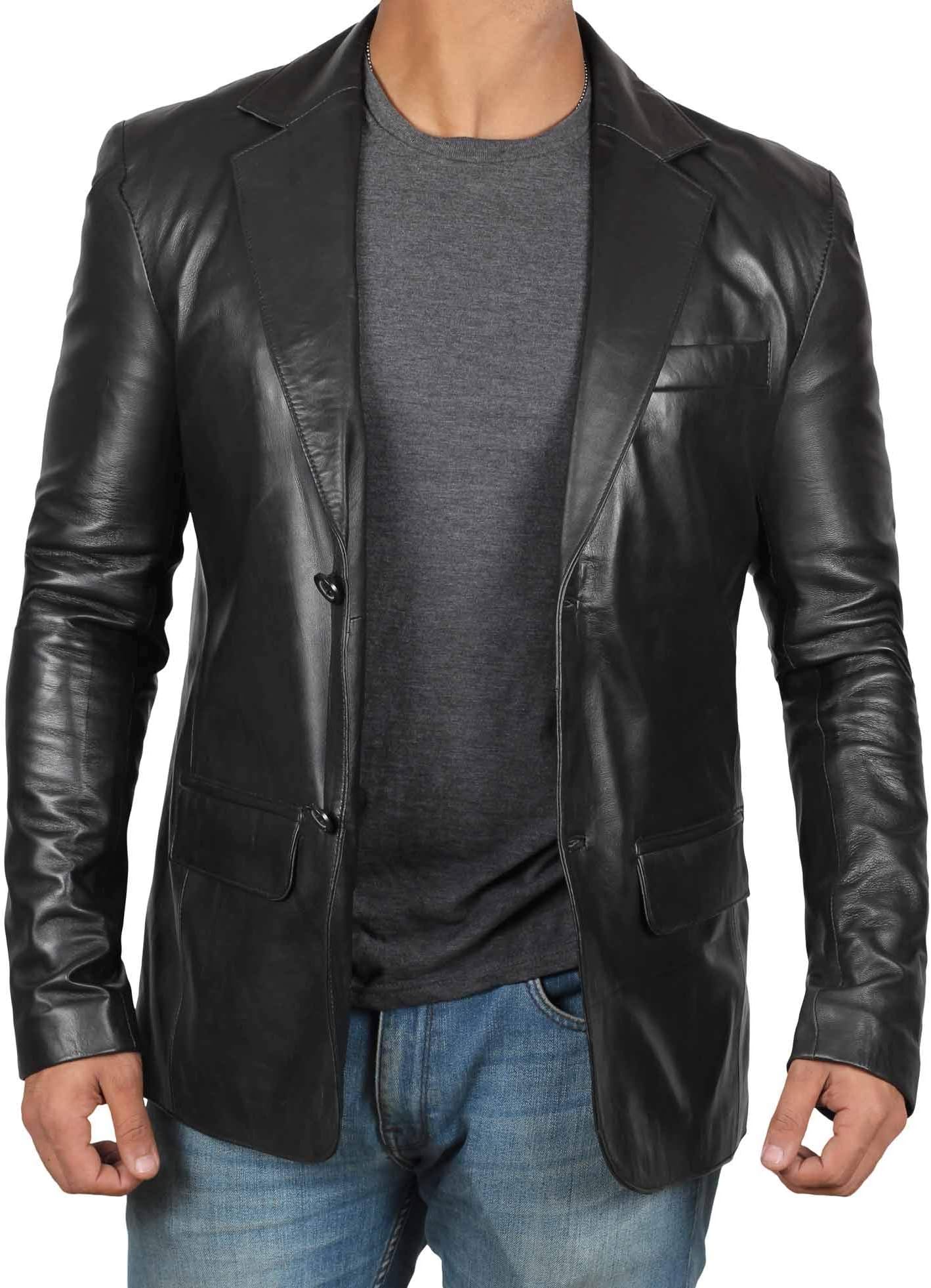 Decrum Leather Blazer for Men - Classic Button Closure with 100% Real Lambskin Mens Brown & Black Leather Blazer