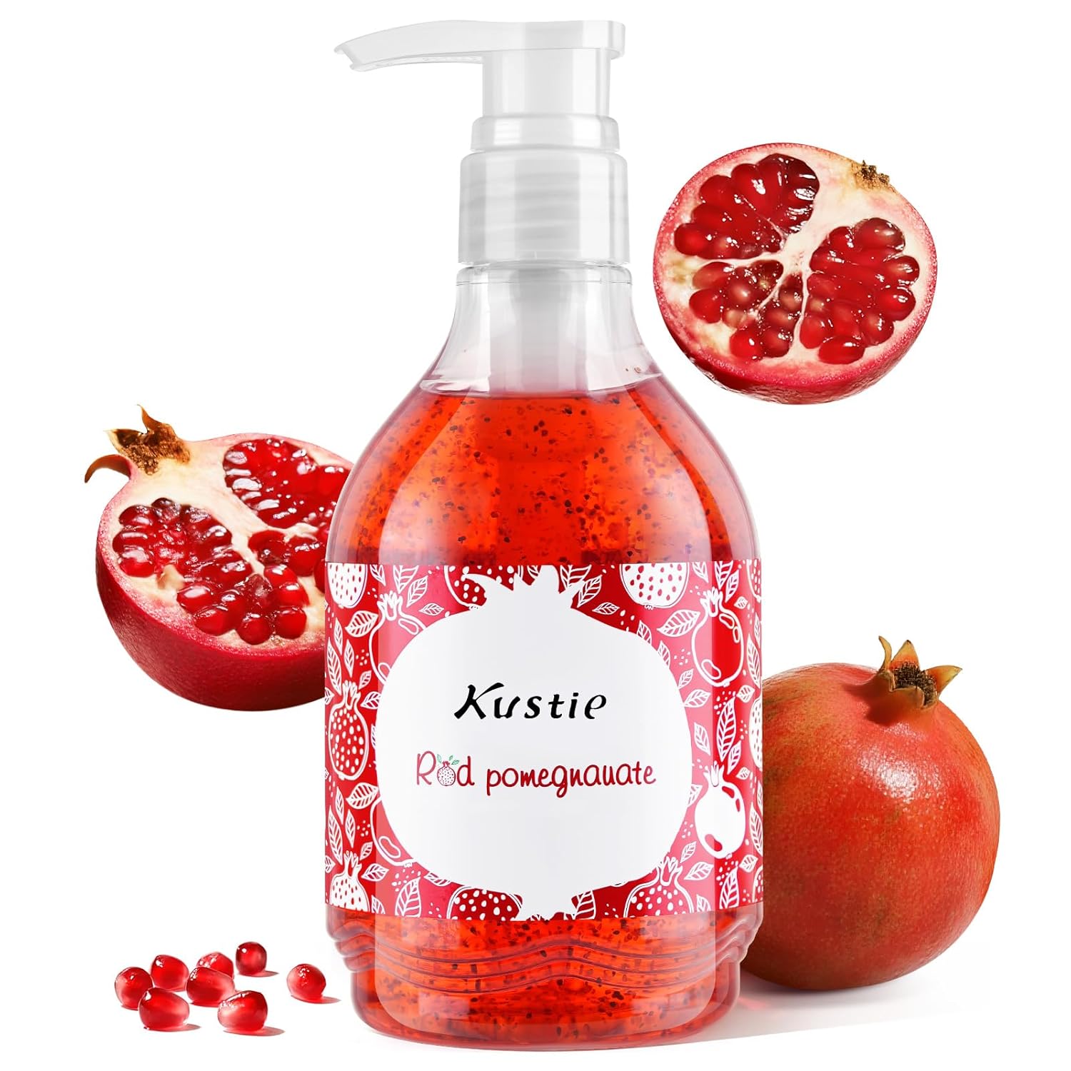 Kustie Pomegranate Body Wash – Jam Texture Exfoliating Shower Gel with Real Strawberry Seeds & Niacinamide, Moisturizing Cleanser for Dry & Sensitive Skin, Long-Lasting Fruity-Floral Scent, 19.6 fl oz