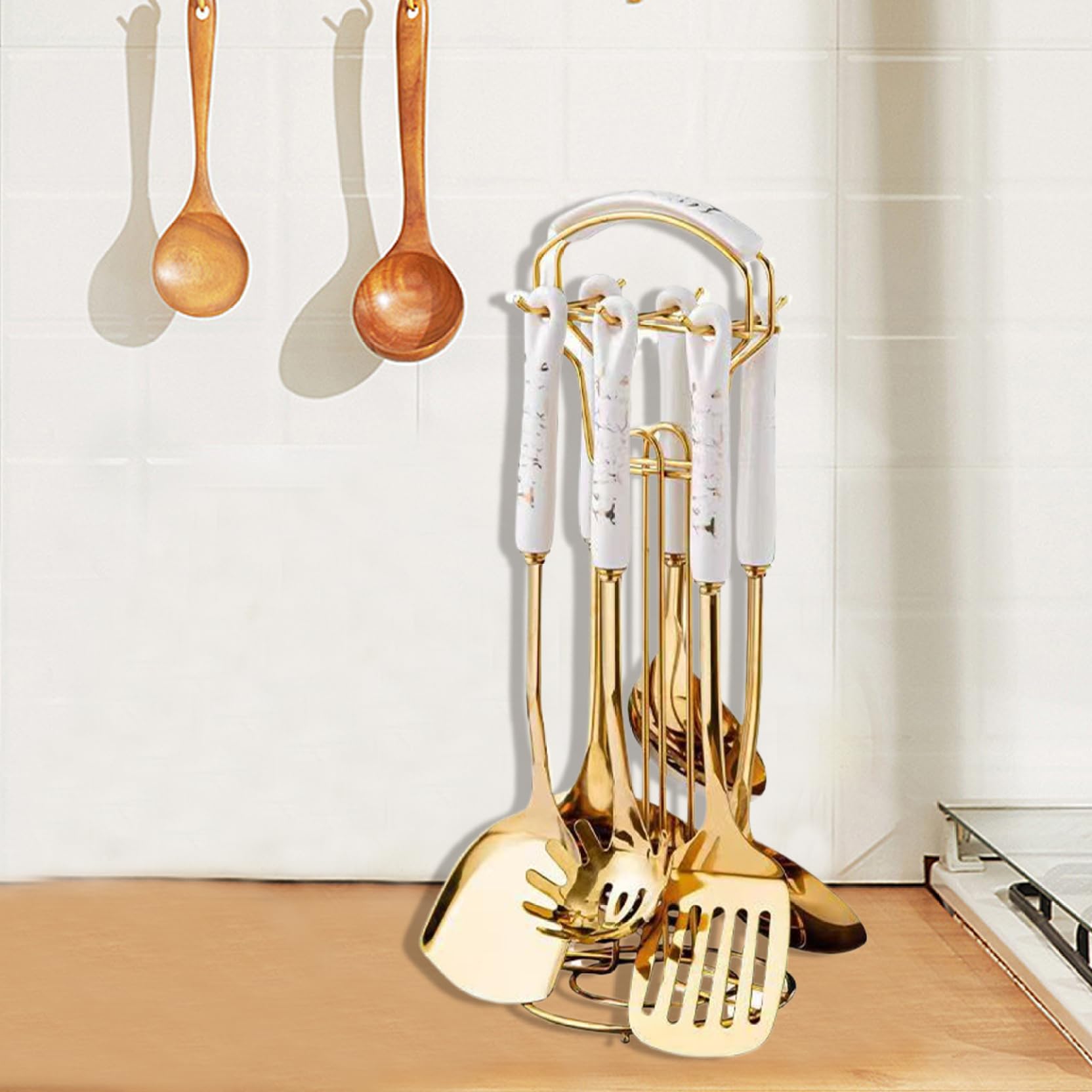 7 pièces/ensemble d'ustensiles de cuisine en acier inoxydable doré avec support, lavable au lave-vaisselle, Kit d'ustensiles de cuisine en métal suspendu comprenant une spatule, une louche, c.