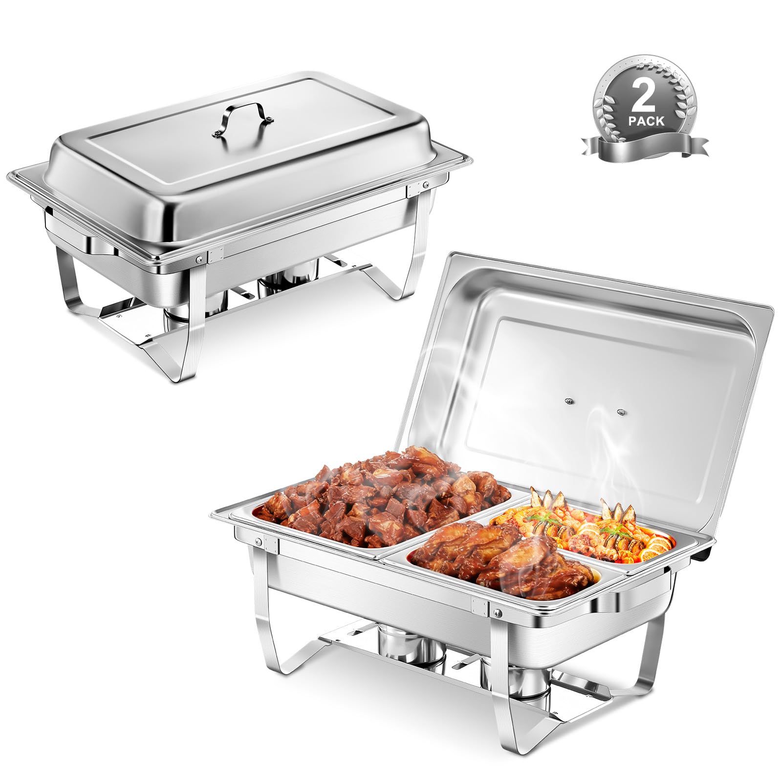 FOHERE 9L Chafing Dish Buffet Lot de 2, 4 Plats, Acier Inoxydable | Inclut GN1/1, 1/2, 2×1/4 Chauffe Plat Buffet pour hôtel, restaurant, mariage, réception, traiteur, acier inox durable.
