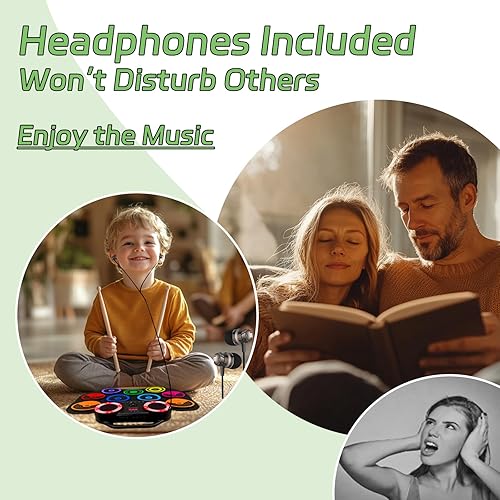 Miniatura 4 de Oirtmiu Juego de batería electrónica portátil, batería enrollable, 7 almohadillas, kit de batería con altavoz integrado con auriculares, pedales de