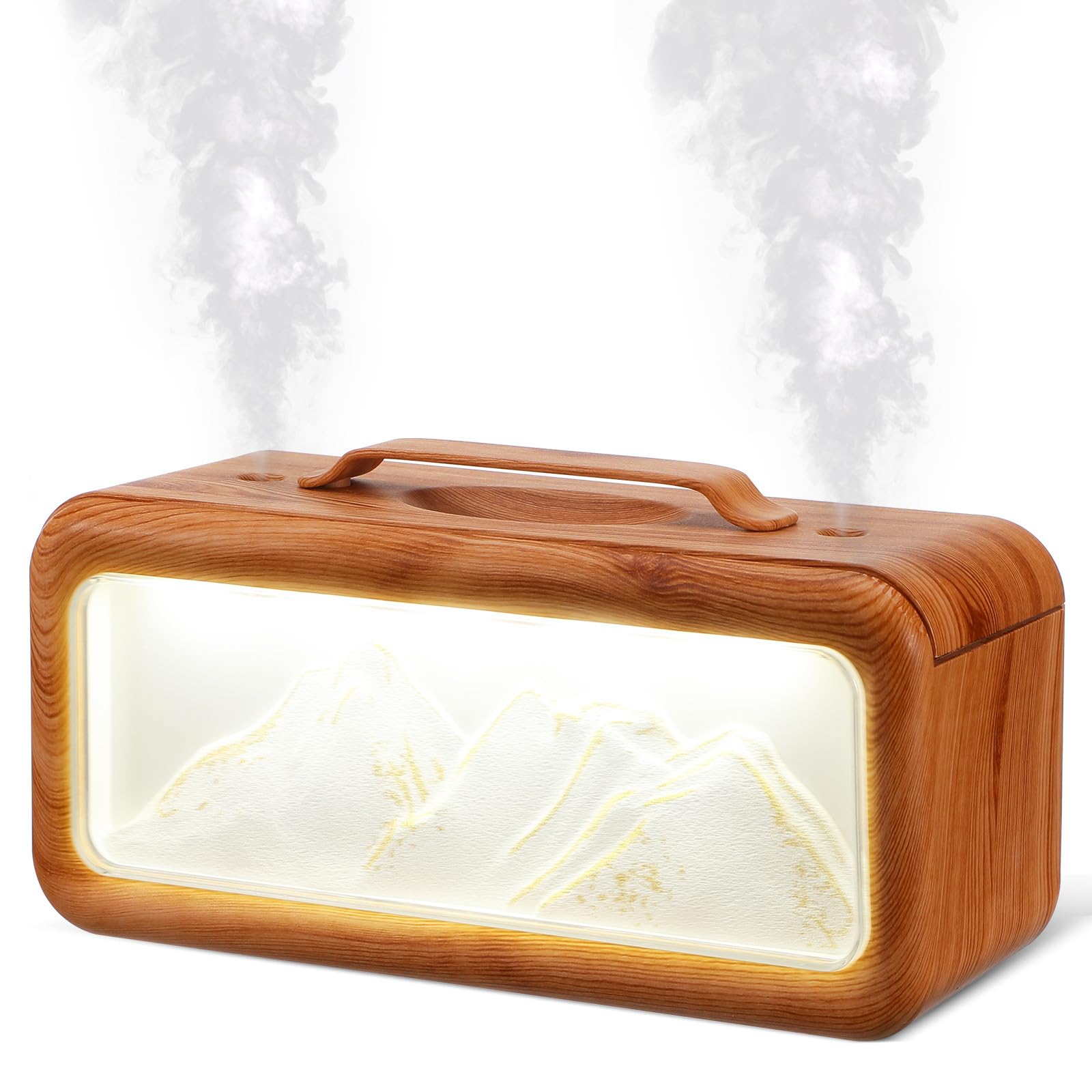 Humidificador Portátil para Dormitorio Diseño de Vetas de Madera y Escena de Montaña, Capacidad de 600 Ml, Decorativo y Silencioso para Uso Personal