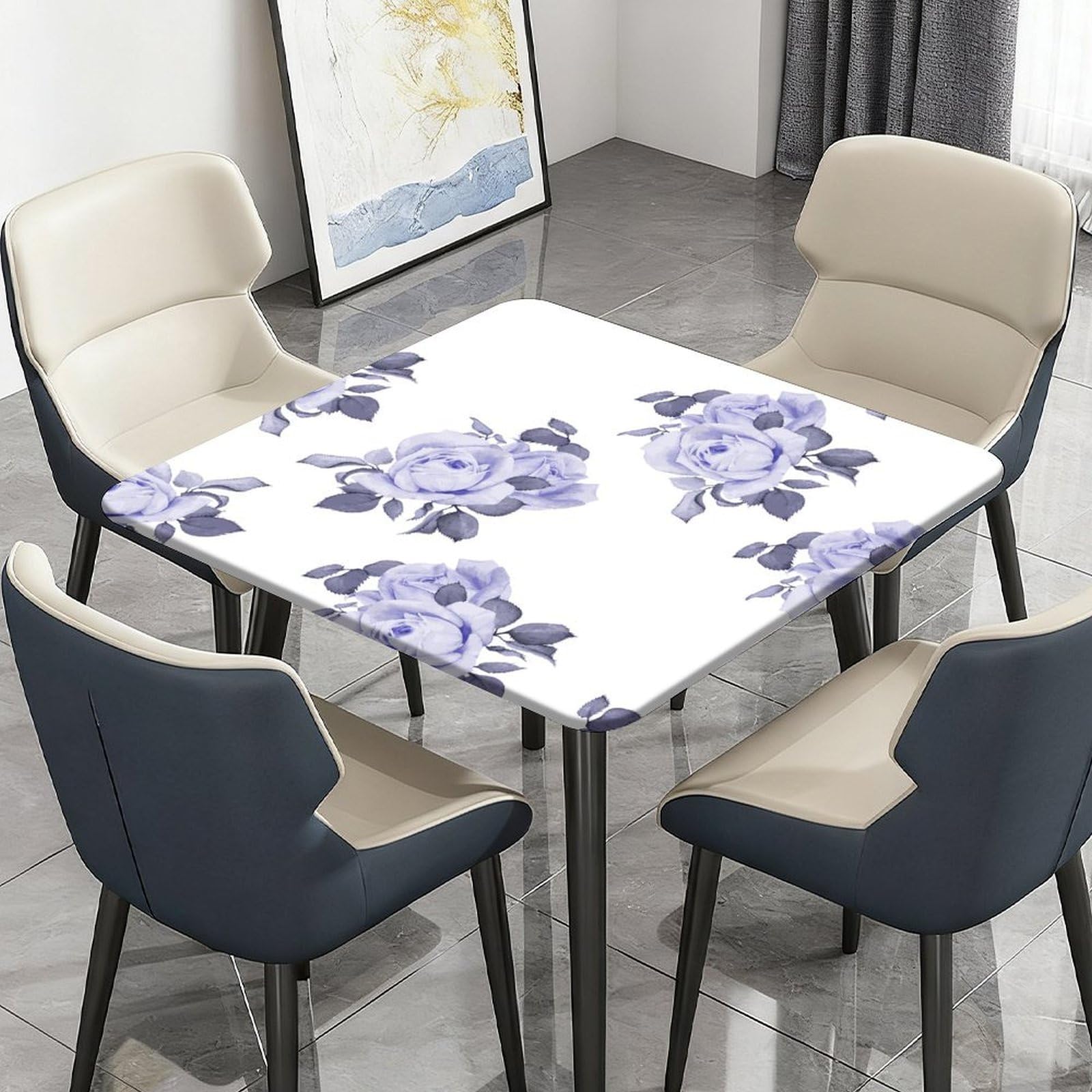Highdi Flowers Waterproof Square Tablecloth Cover - Oxford Cloth - Elastic Fitted for Kitchen/Garden Rectangular Tables, Stain-Resistant Wipe-Clean Table Cover (Purple,140x140cm)