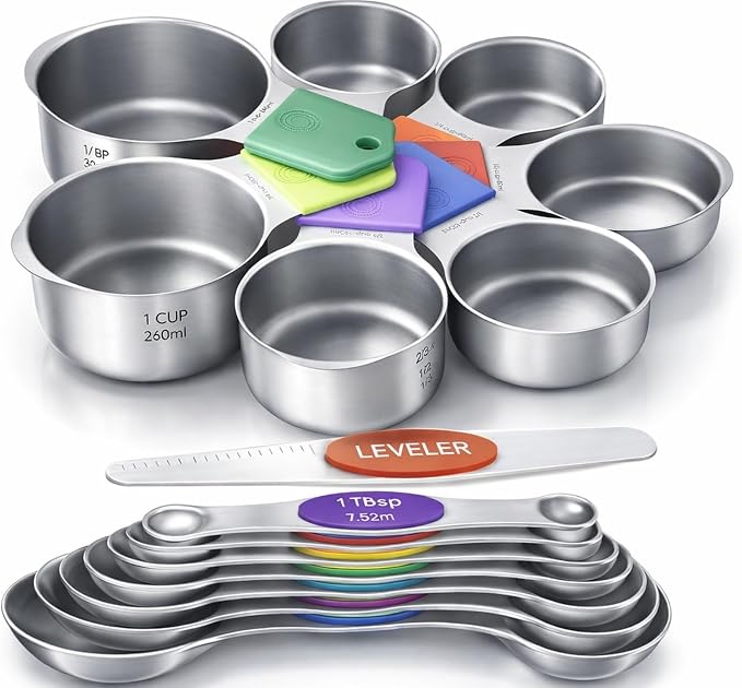 HOWGOODY Magnetic Measuring Cups & Spoons Set|304 Stainless Steel Dual Scale Set of 15, Strong N52 Magnetic Nesting Design with Leveler, for Dry&Liquid Ingredients, Dishwasher Safe(Colorful)