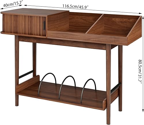 Miniatura 2 de Soporte para tocadiscos moderno de mediados de siglo, almacenamiento de discos de vinilo con puertas corredizas acanaladas, mesa grande para