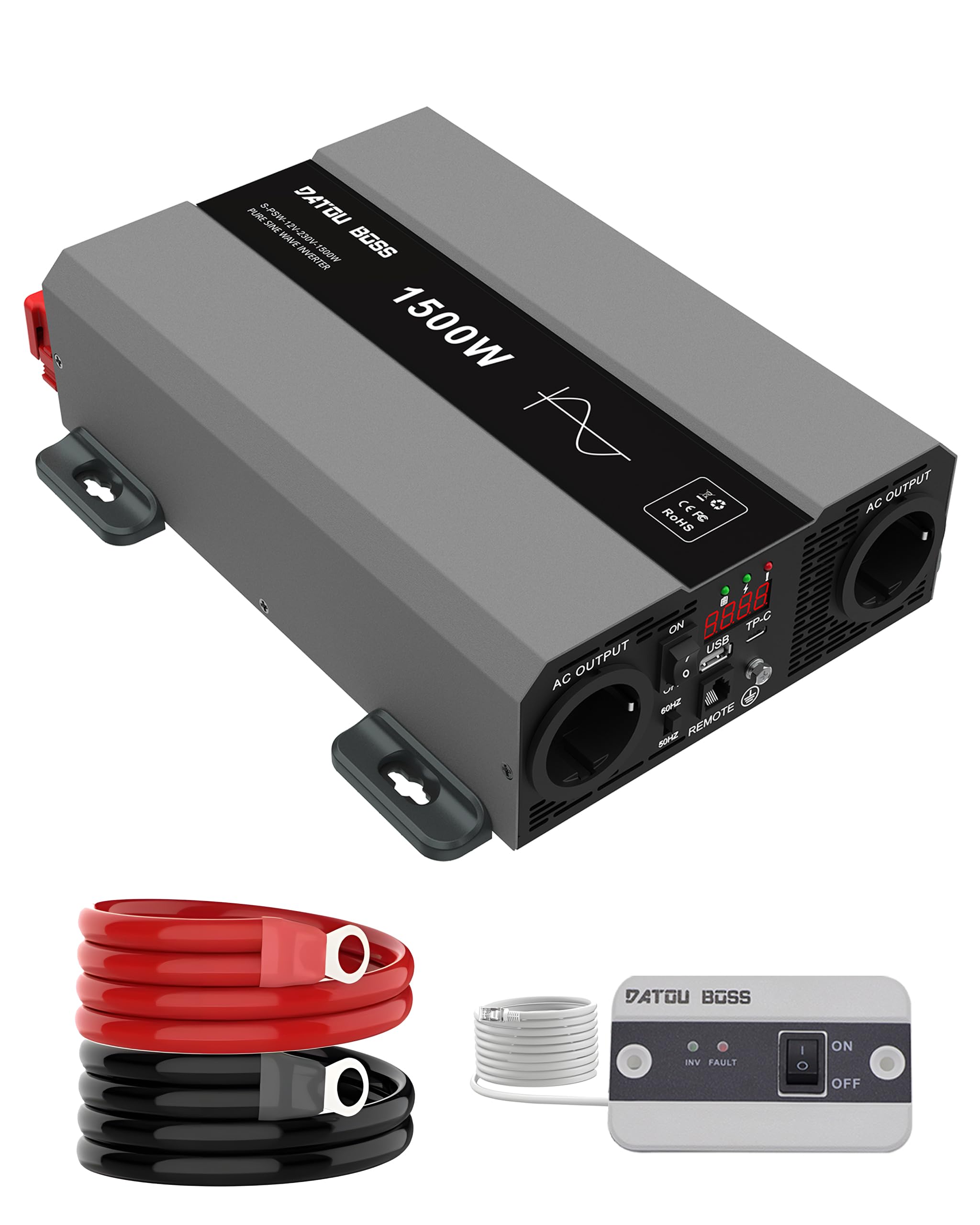 DATOUBOSS Inversor 12V 220V/230V Onda Pura 1500W/3000W, Inversor 12V a 220V Onda Pura con 2 Enchufes EU, Salida USB/USB-C y Pantalla LCD, Transformador de Autocaravanas, Camiones, Camping