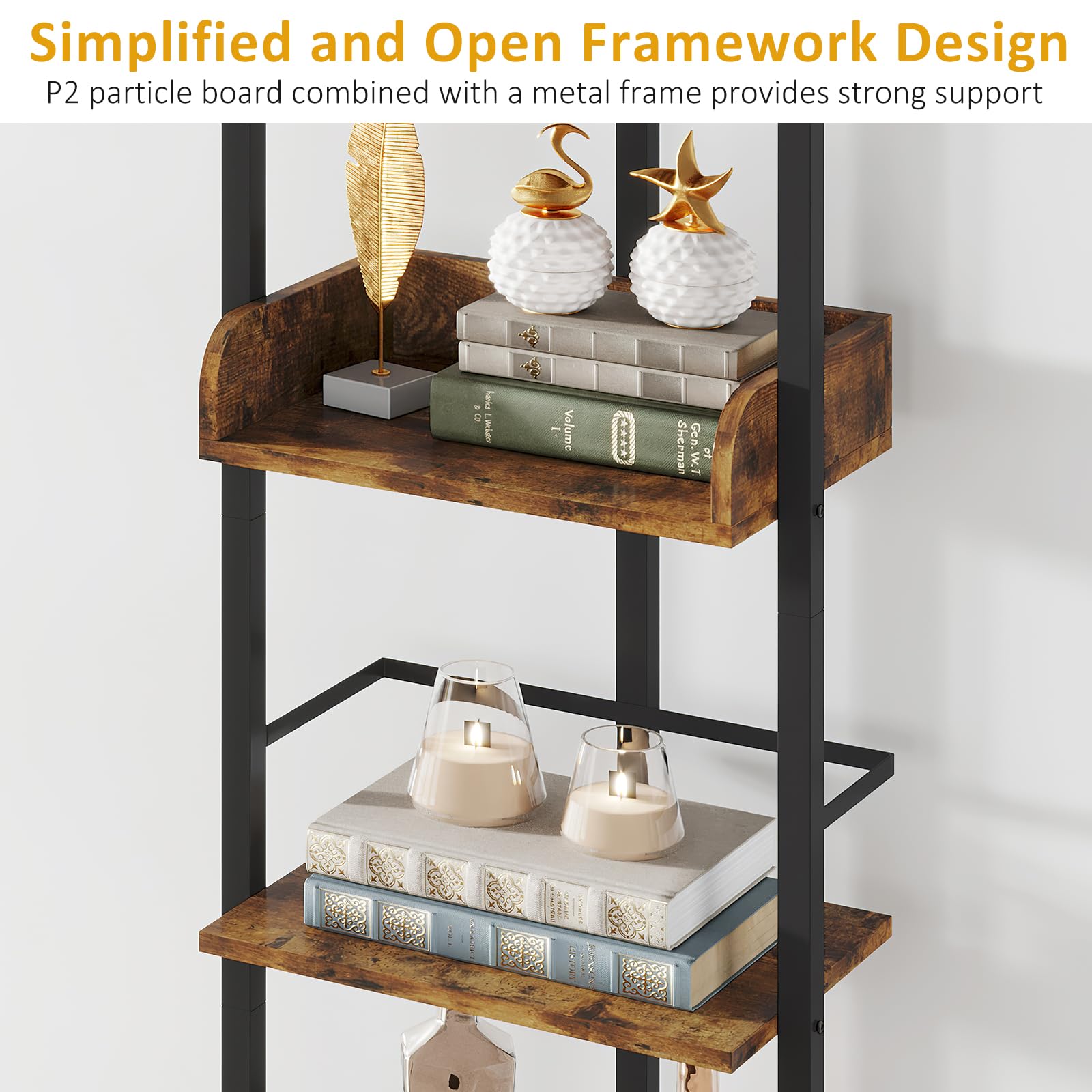 Hosfais Bookshelf 5-Tier Book Shelf - Narrow Wood Bookcase Tall Corner Book Shelves Storage Organizer Display Book Rack for Living Room Bedroom Office Home (Rustic Brown)