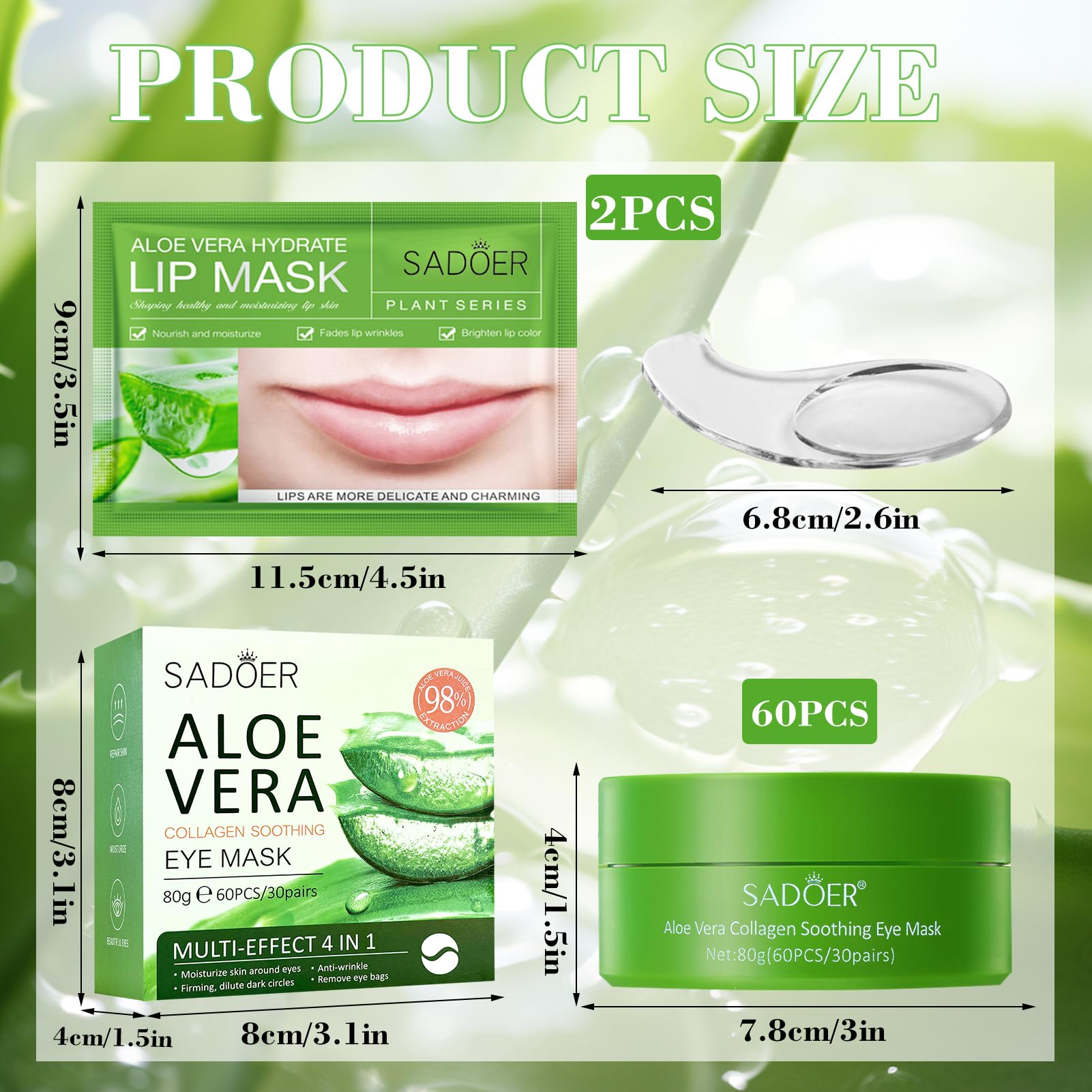 60 Pezzi Aloe Vera Maschera Occhi, Collagene Patch Occhi con Maschera per le Labbra, Patch Occhiaie e Borse, Anti-Rughe e Anti-Occhiaie, Rimuovi Borse e Puffiness, Idrata Anti-Età