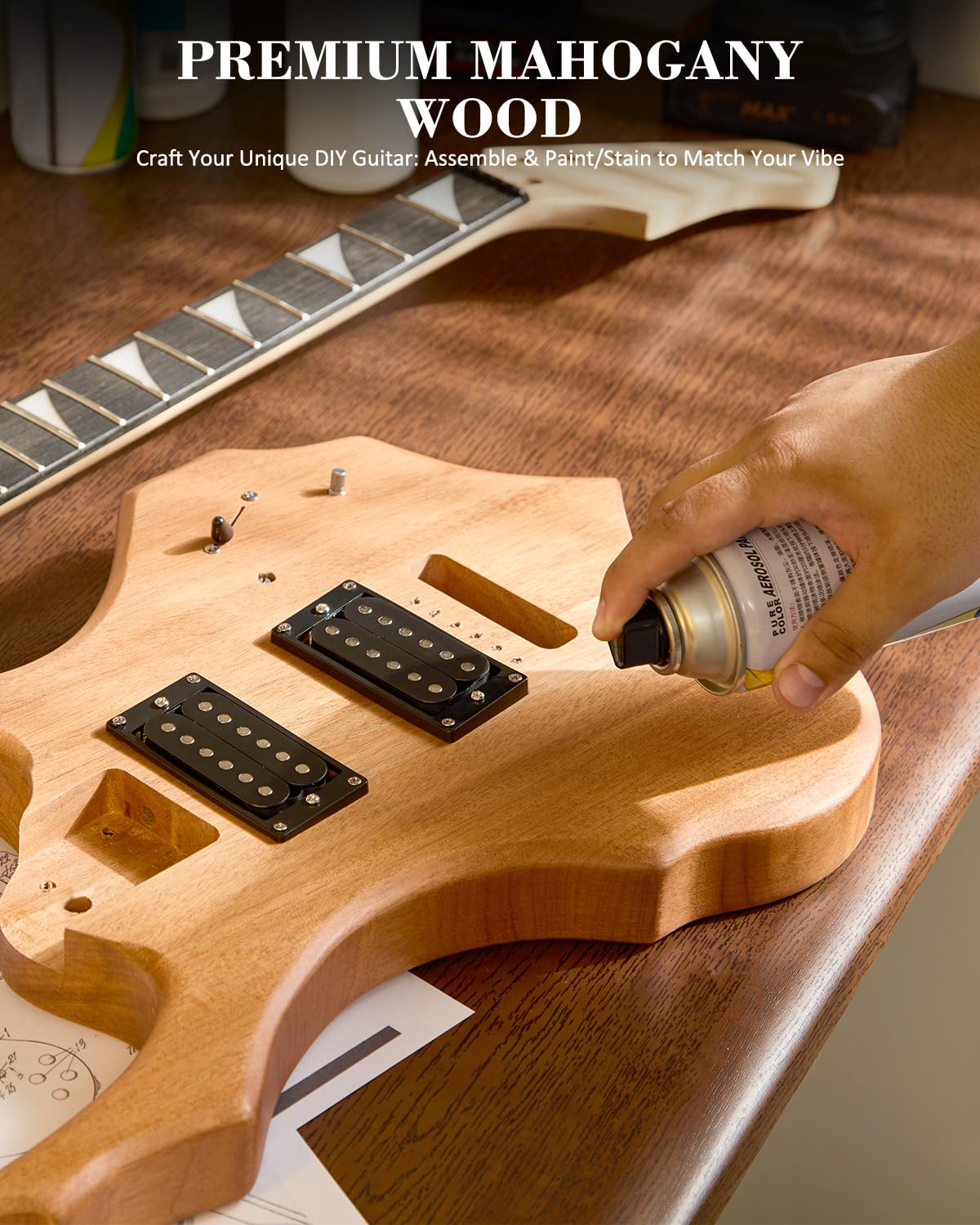 STRICH SFR-D30 Kit de guitare électrique à monter soi-même, corps supérieur flammé brut, configuration de micro HH
